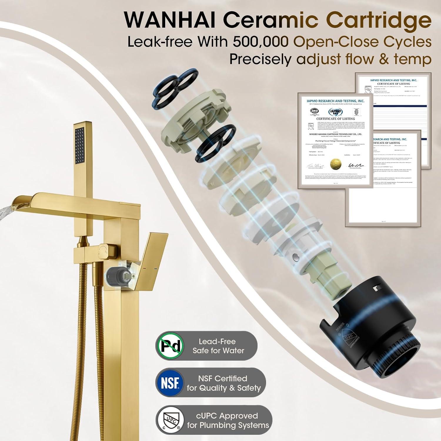 AlenArtWater Waterfall Tub Filler Freestanding Bathtub Faucet Floor Mount Brass Single Handle Bathroom Faucets with Hand Shower 94-LJQKCZ