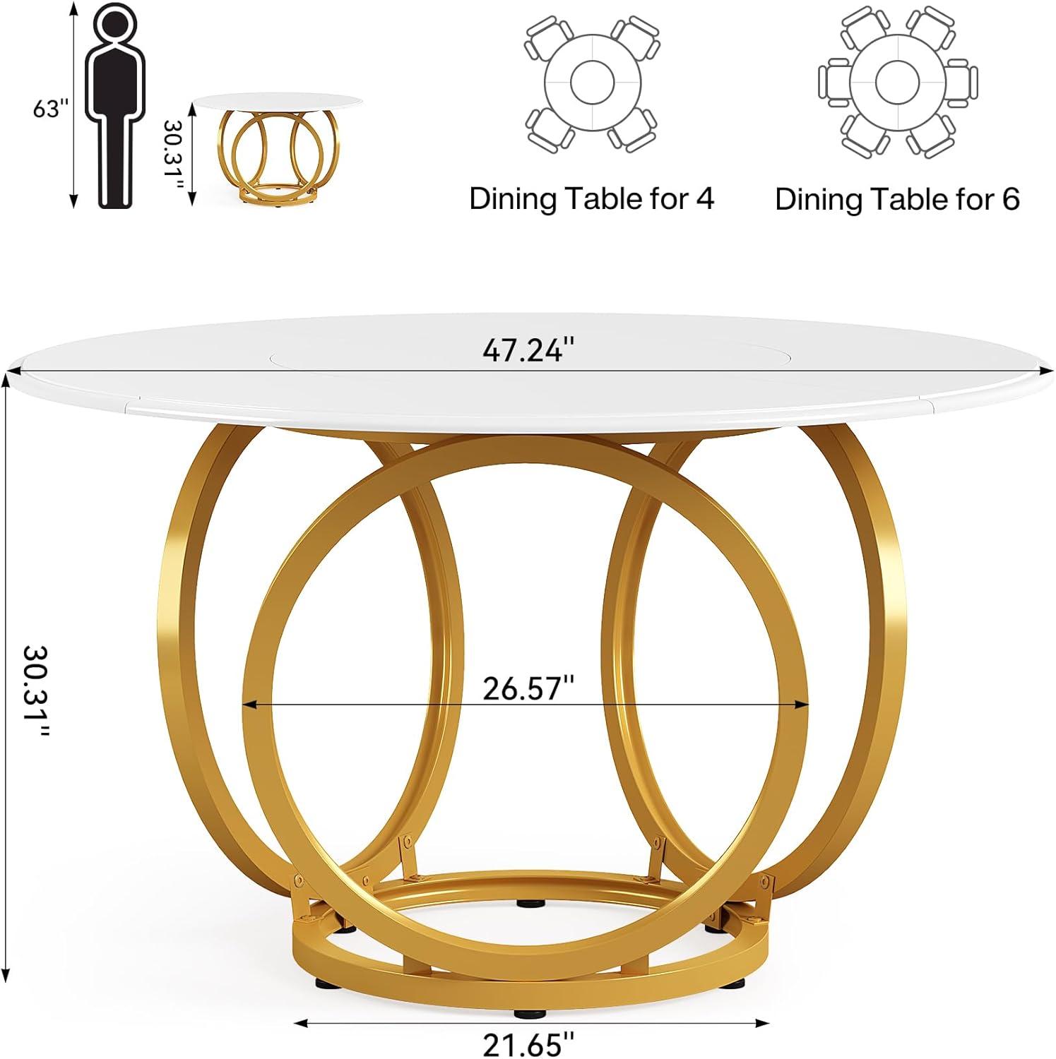 47 inch Dining Table for Dining Room, 4 People Round Dinner Table white & Gold