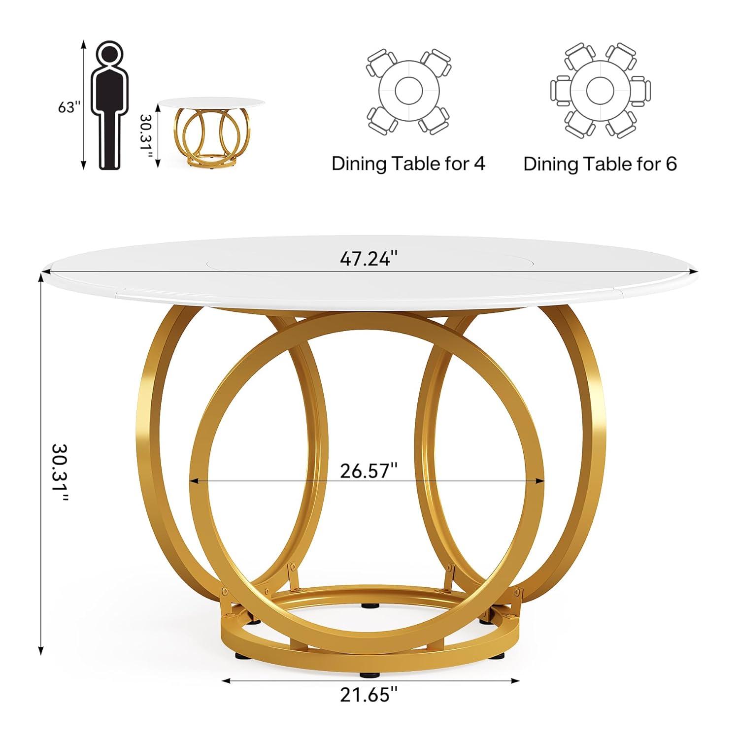 47 inch Dining Table for Dining Room, 4 People Round Dinner Table white & Gold