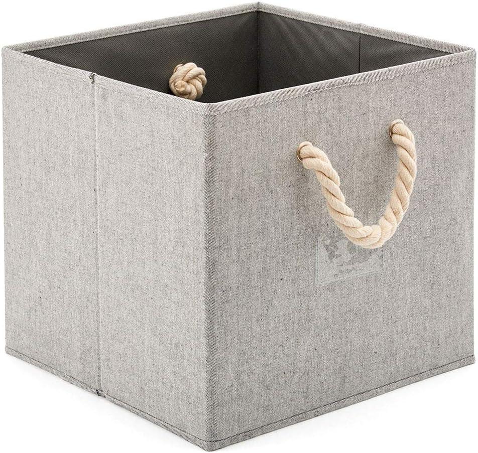 EZOWare [Set of 4] Foldable Fabric Storage Cube Bins with Cotton Rope Handle, Collapsible Resistant Basket Box Organizer for Shelves Closet Toys and More - Gray 12x12x12 inch