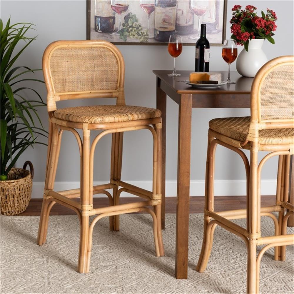 Adrena Rattan Bar Stool Natural Brown - Baxton Studio: Handmade, No Assembly, Bohemian Style