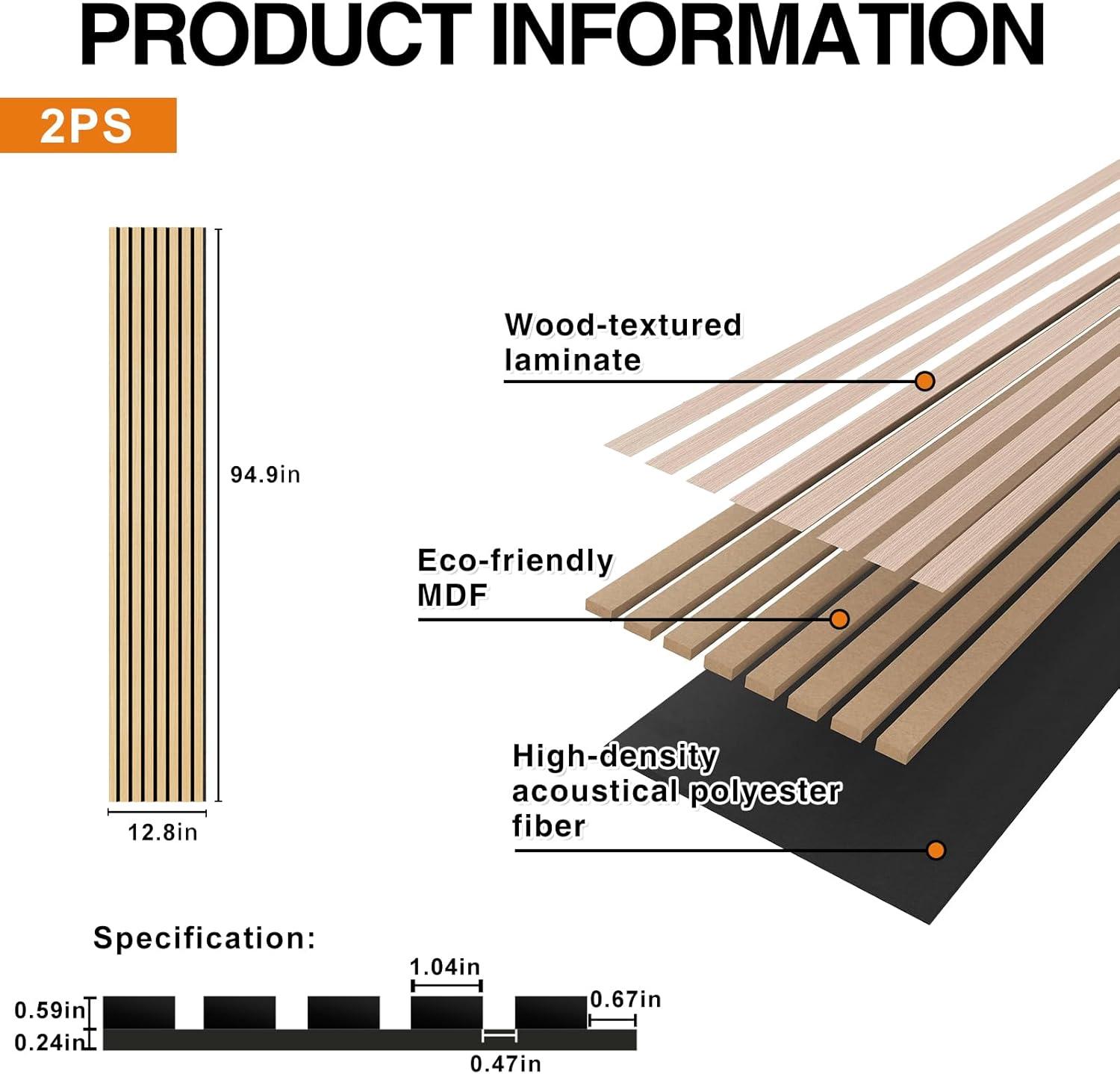 JML 2 Pack Soundproof Wall Panels, 94.5" x12.6" Acoustic Wood Panels for Walls and Ceiling, 3D Decorative Sound Proof Panels, Natural Oak