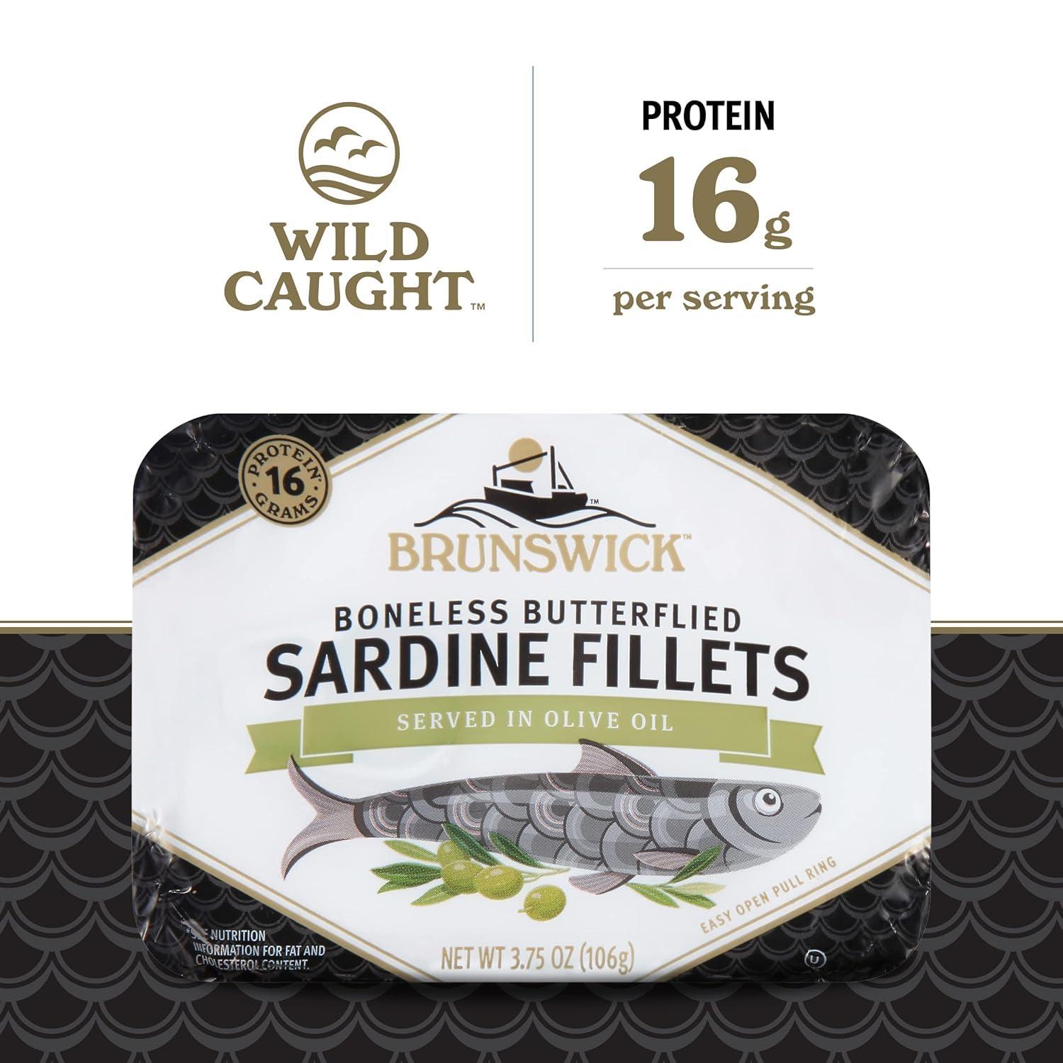 Brunswick Sardines in Olive Oil, 3.75 oz Can (Pack of 12) - Boneless Butterflied Sardine Fillets - Wild Caught - 16g Protein per Serving - Gluten Free, Keto Friendly
