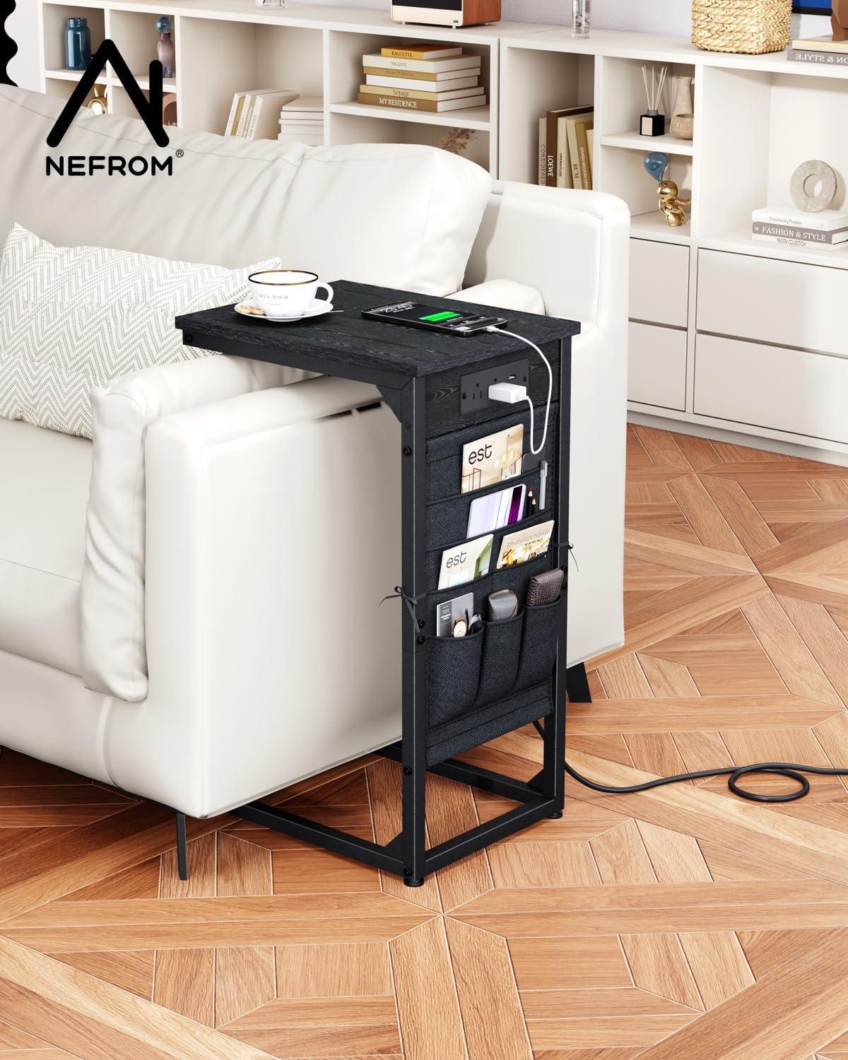 Black Metal C-Shaped End Tables with Charging Station