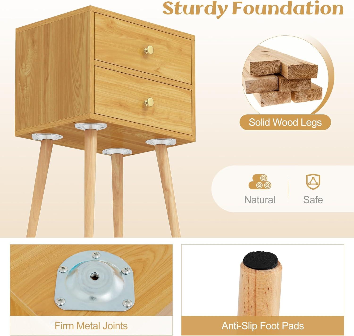 Nightstand W/2 Drawers For Bedroom Living Room Small Spaces Modern Home Furniture Simple Natural Legs Storage End Side Tables (1, Natural)