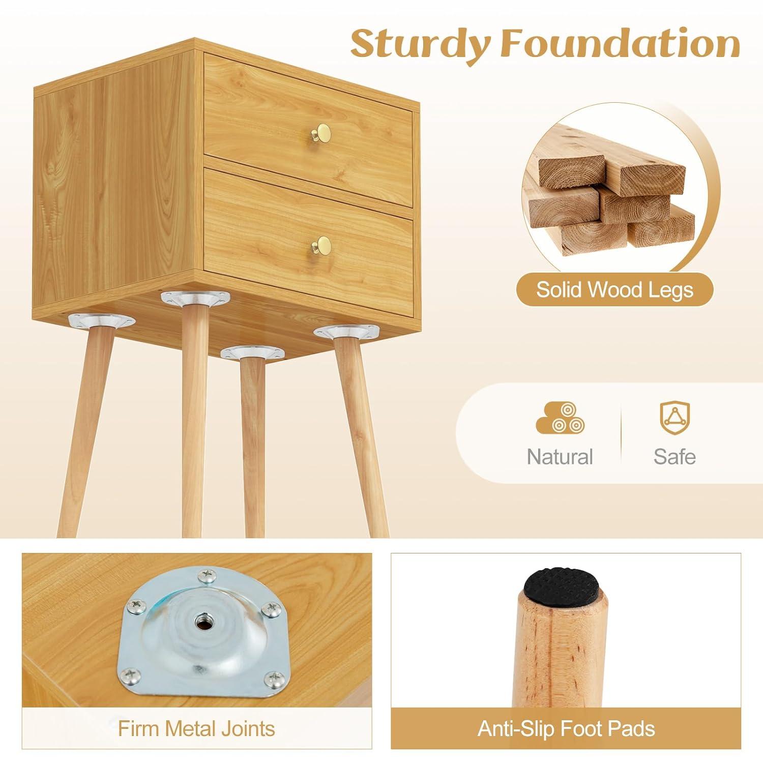 Nightstand W/2 Drawers For Bedroom Living Room Small Spaces Modern Home Furniture Simple Natural Legs Storage End Side Tables (1, Natural)