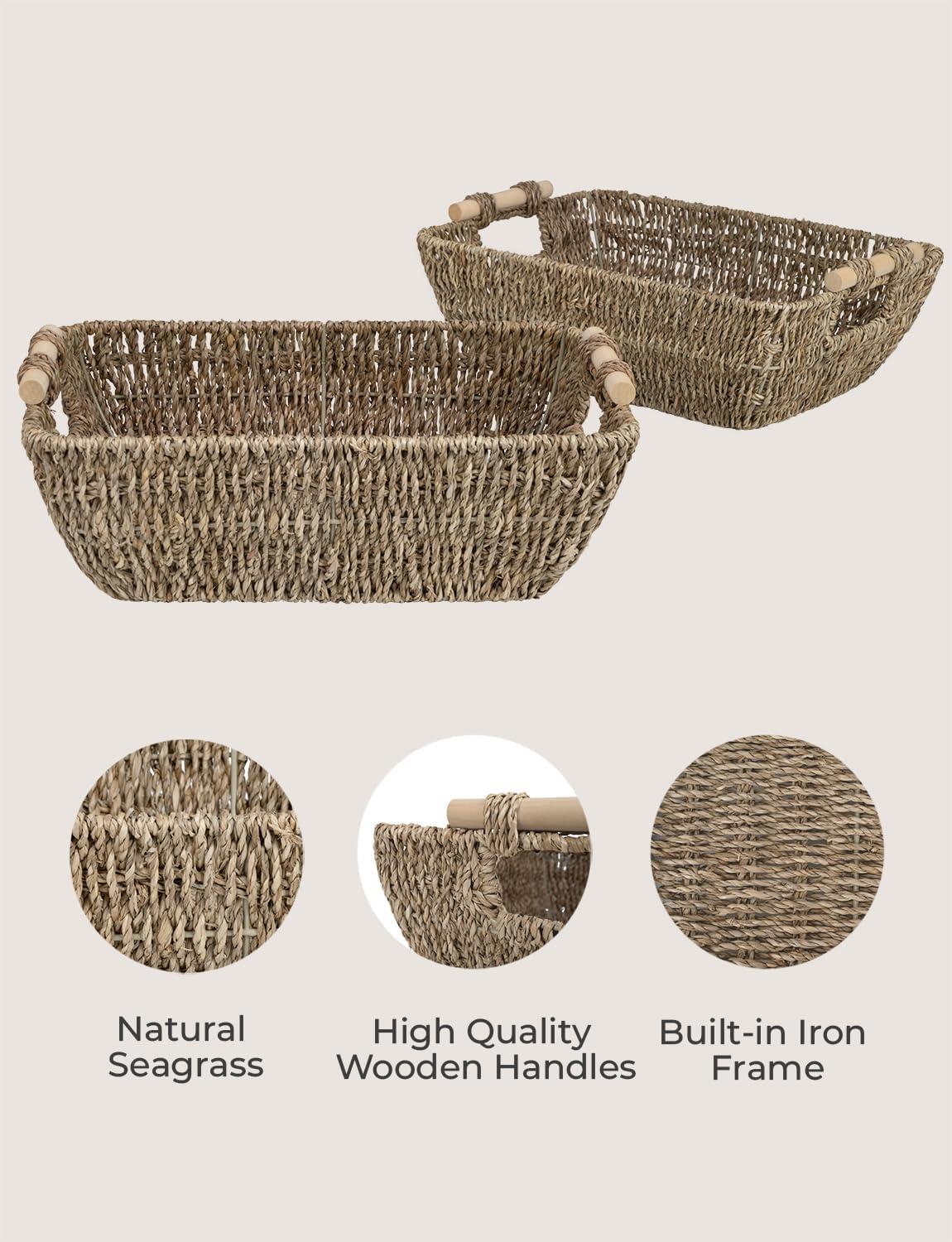 Hand-Woven Natural Seagrass Rectangular Storage Baskets with Wooden Handles