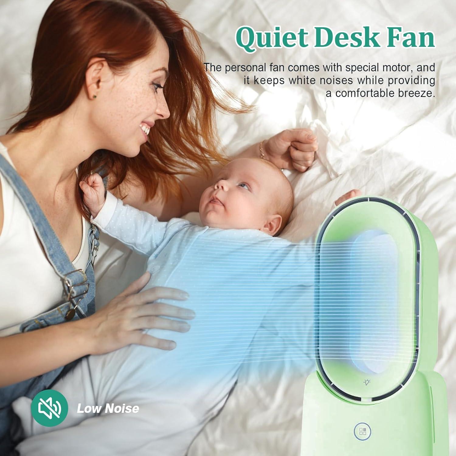 CONBOLA Desk Fan, 11.8 Inch Bladeless Fan Small Table Fan Air Cooler, Portable Rechargeable Breeze Quiet Fan with Touch Control 5-Colors Decorative LED Light for Office Bedroom（Green）