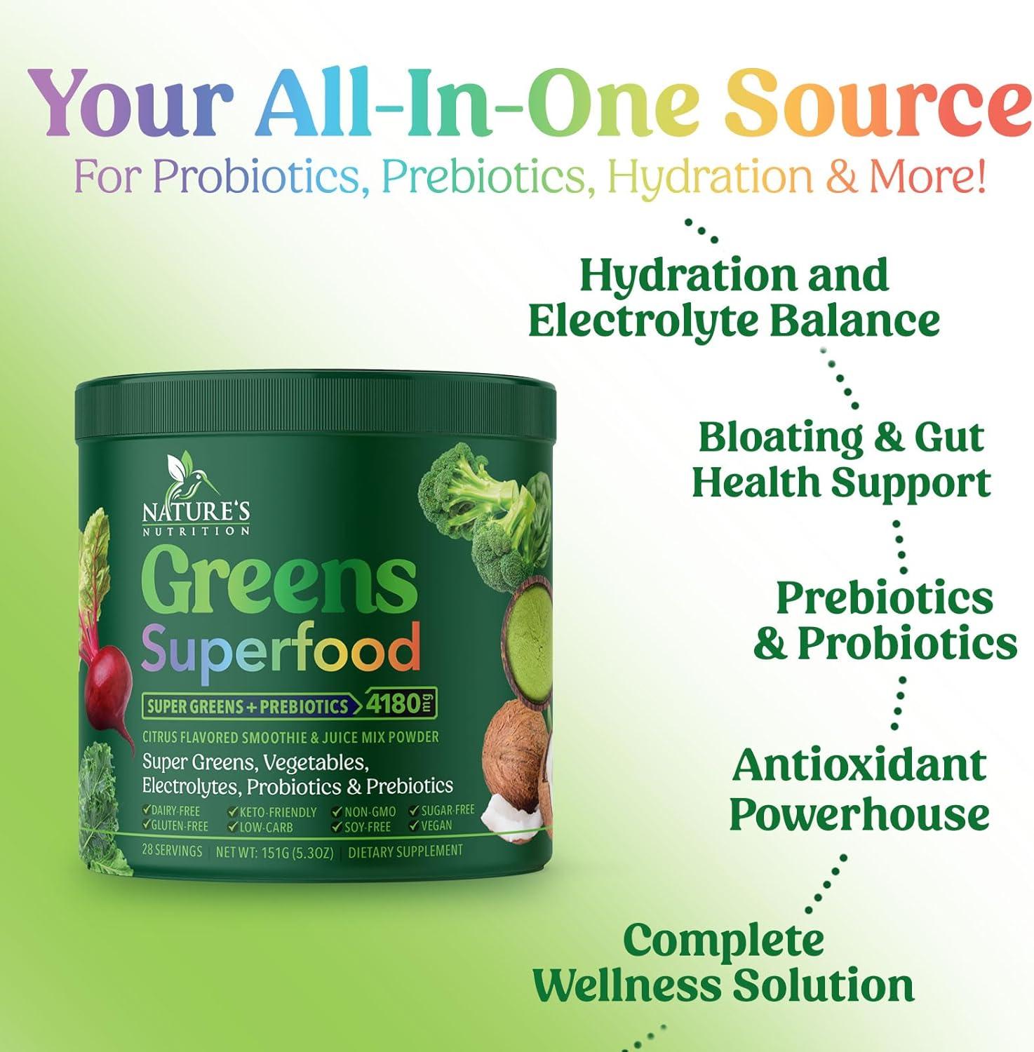 Greens Superfood Powder - Original Organic Super Greens Juice Powder - Packed with Probiotics, Wheat Grass, Enzymes, Spirulina, Chlorella for Digestive & Gut Health, Smoothie Drink Mix - 28 Servings