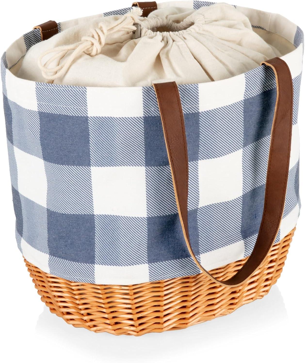 Picnic Time Coronado Canvas and Willow Basket Tote with Blue, White, and Beige Accents