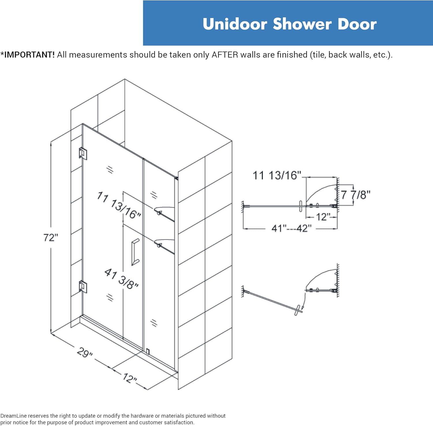 Unidoor 42" Frameless Hinged Shower Door with Black Hardware