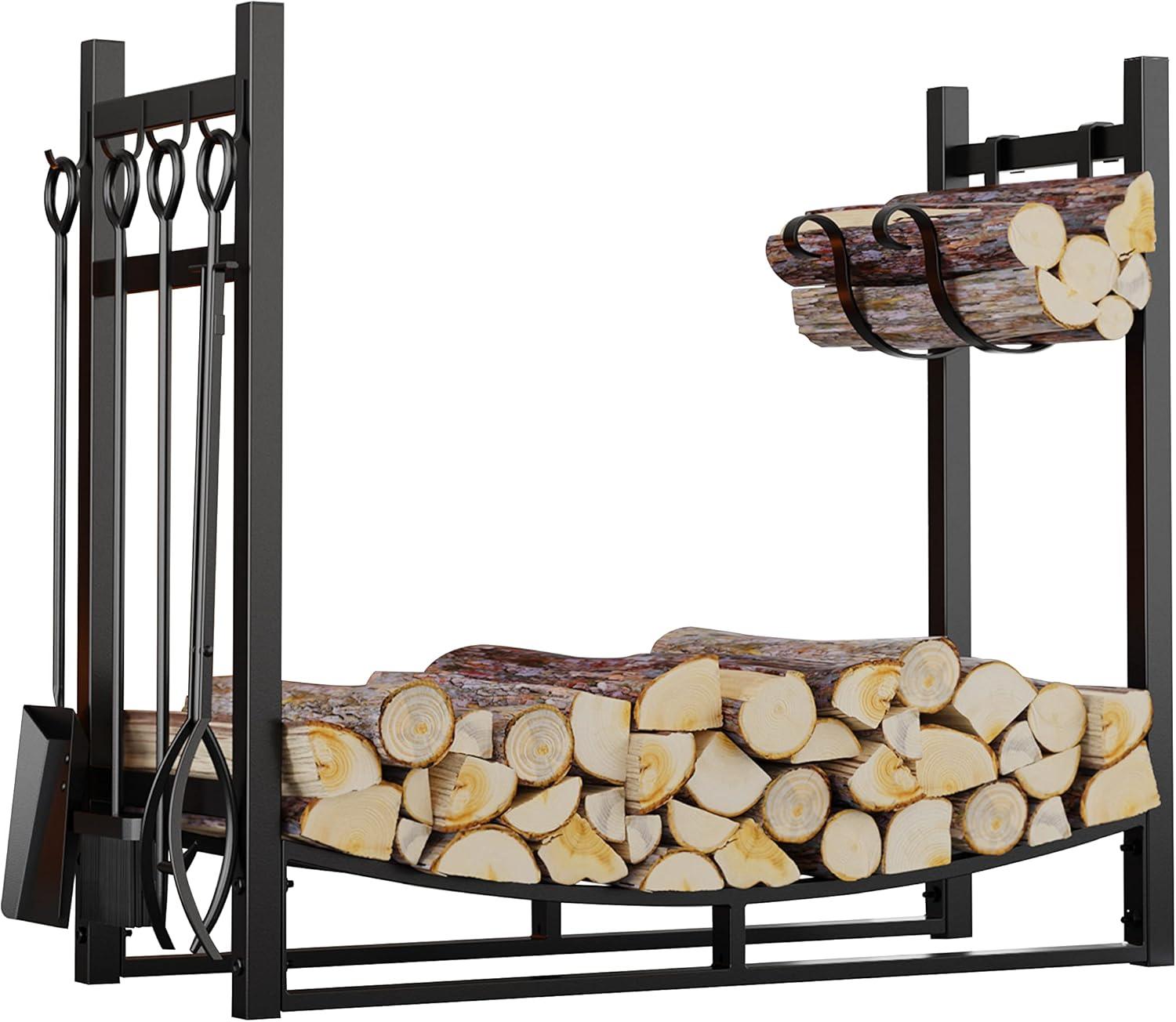 Black Steel Fireplace Log Rack with Kindling Holder and Tools