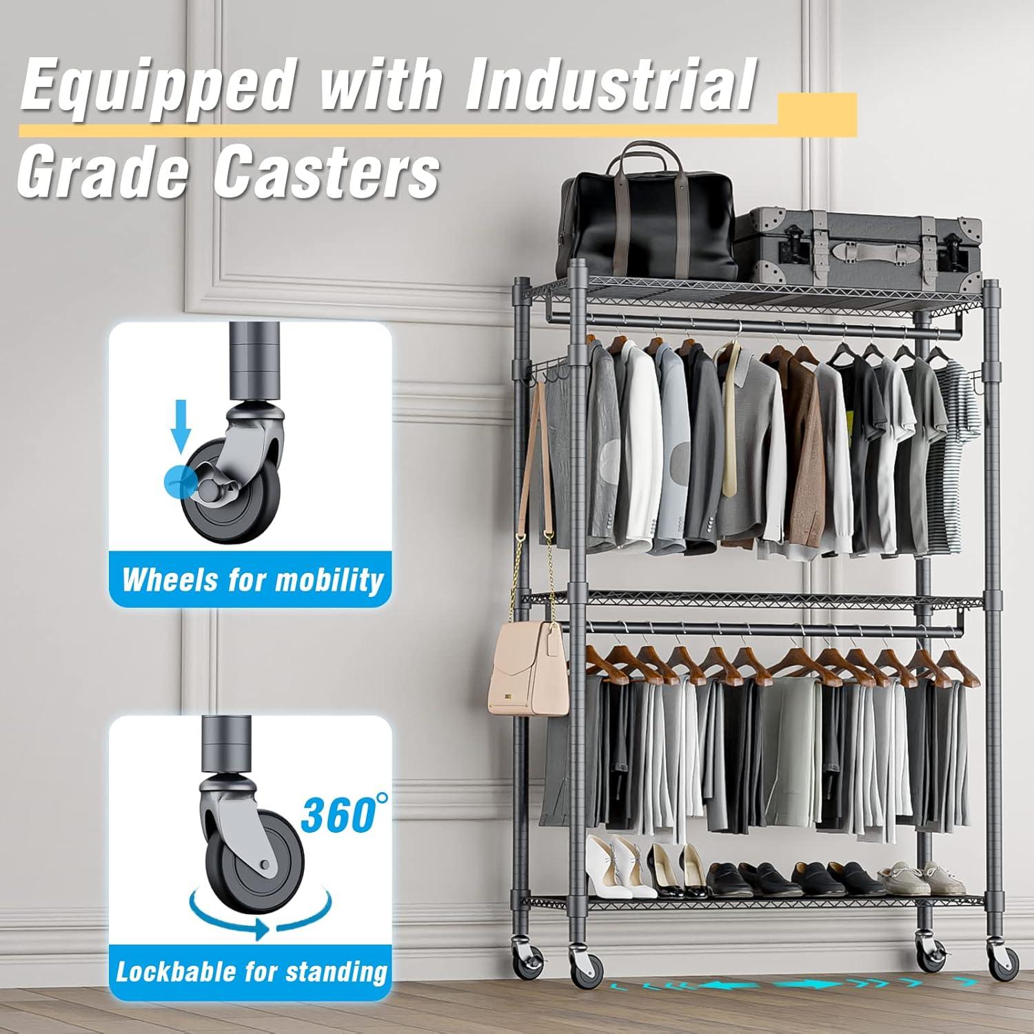 Gray Industrial Metal 3-Shelf Rolling Garment Rack with Hooks