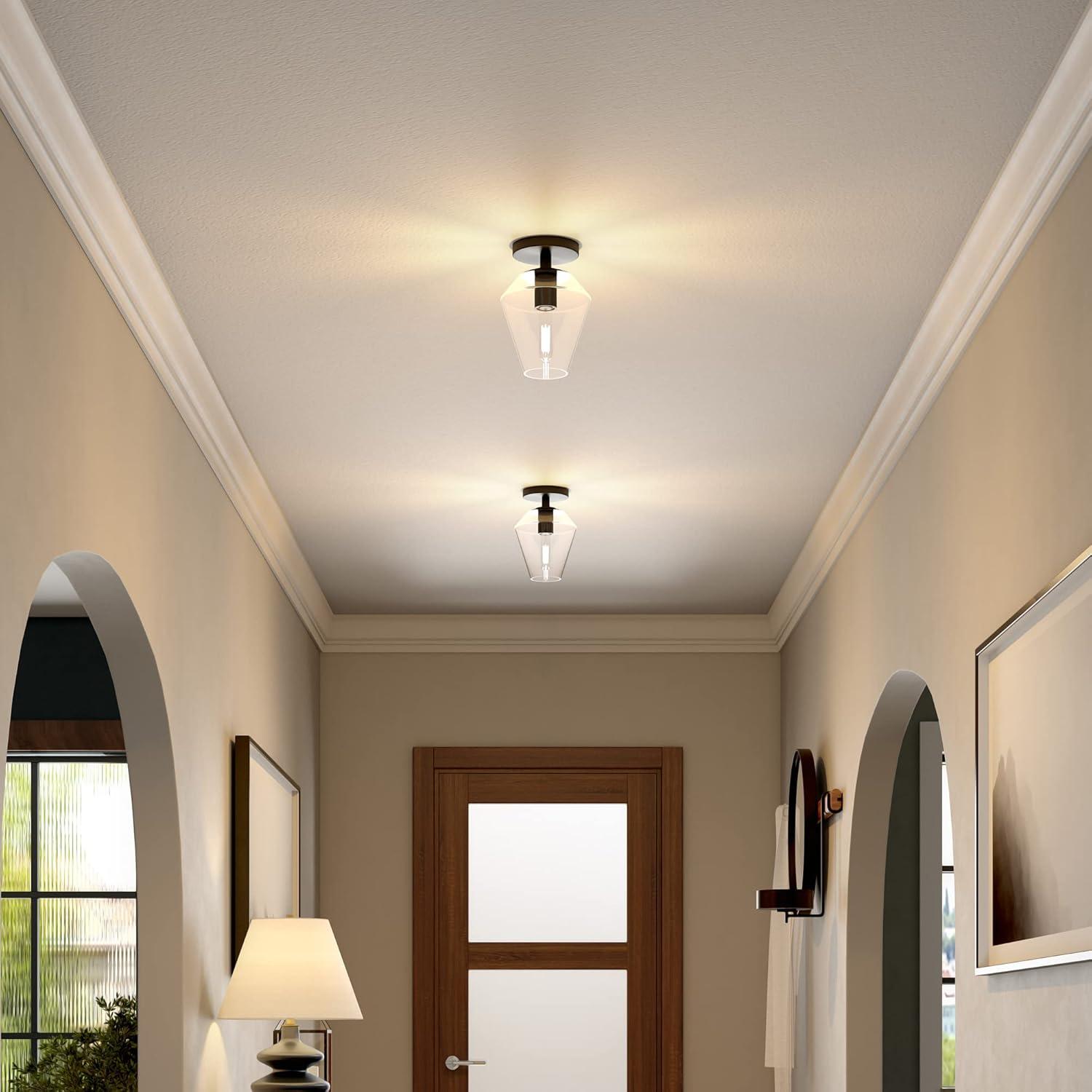 Gem-Shaped Matte Black Semi-Flush Mount with Glass Shade