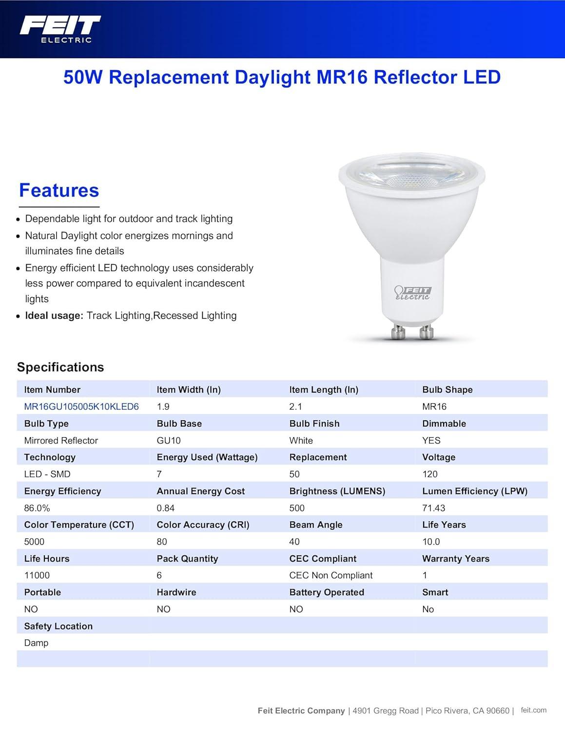Feit Electric LED MR16 Track Light Bulb, 50W Equivalent, Dimmable, Recessed Lighting Bulb, GU10 Base, CRI 80, 500 Lumens, 5000K Daylight, 11,000-Hour Lifetime, MR16GU105005K10KLED6, 6-Pack