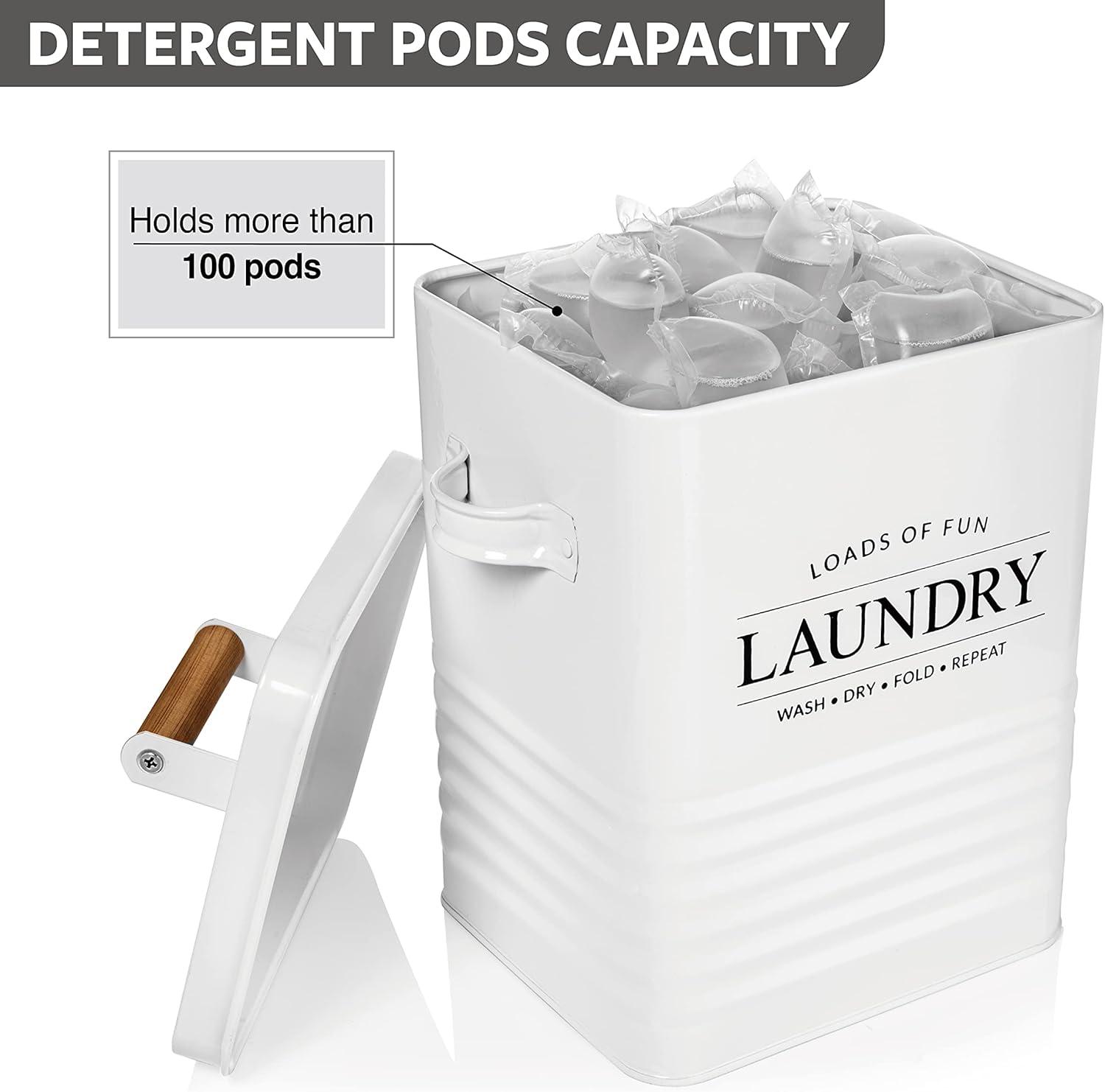 Calindiana Modern Farmhouse Metal Laundry Soap Dispenser with Scoop for Decor and Space Saving Organization, White