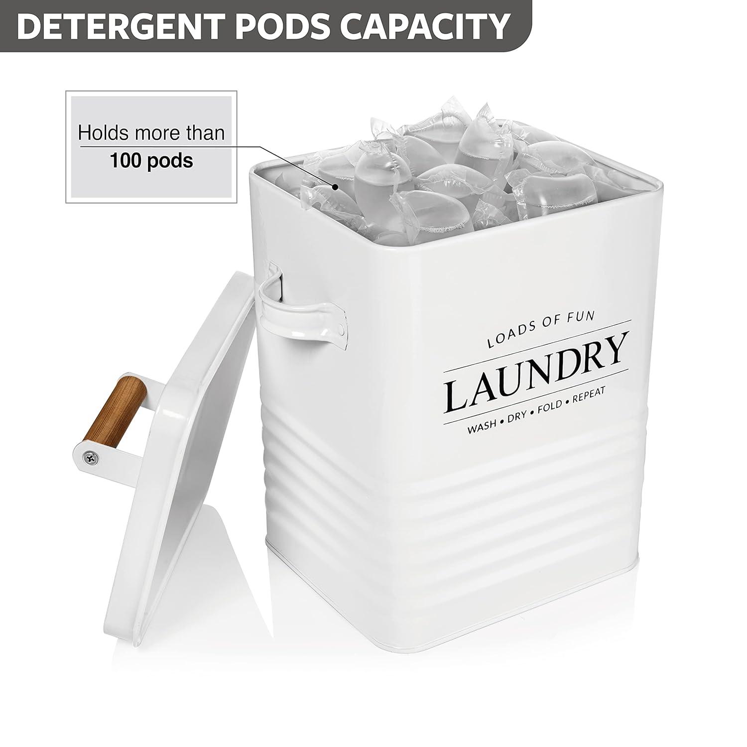 Calindiana Modern Farmhouse Metal Laundry Soap Dispenser with Scoop for Decor and Space Saving Organization, White