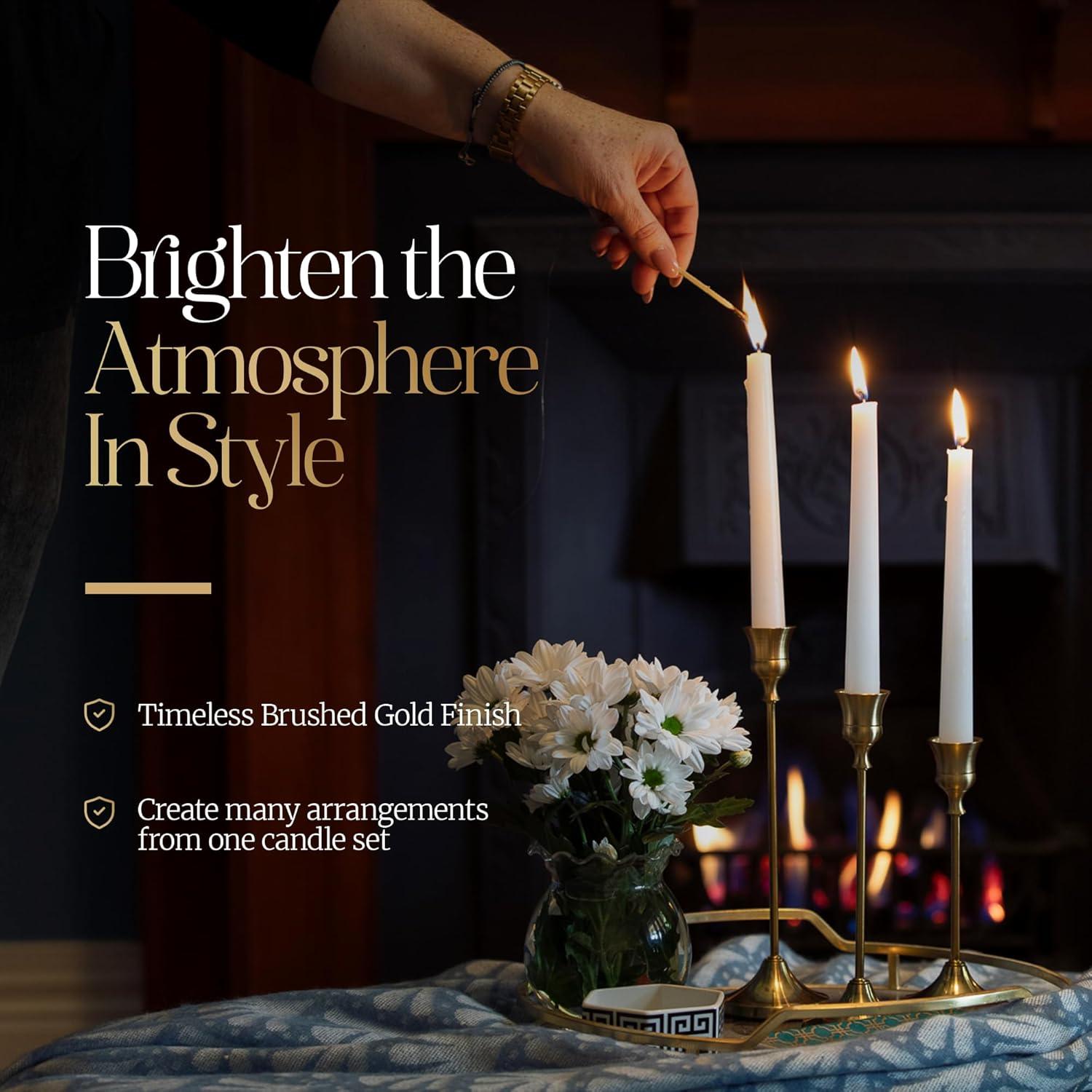 Candleholders For Taper Candlesticks Plus Candle Snuffer – Dining Table Décor Centrepiece - Brass Candelabra Candlestick Holder -  Décor For Home Weddings Celebrations Events (Set Of 6 Pcs)