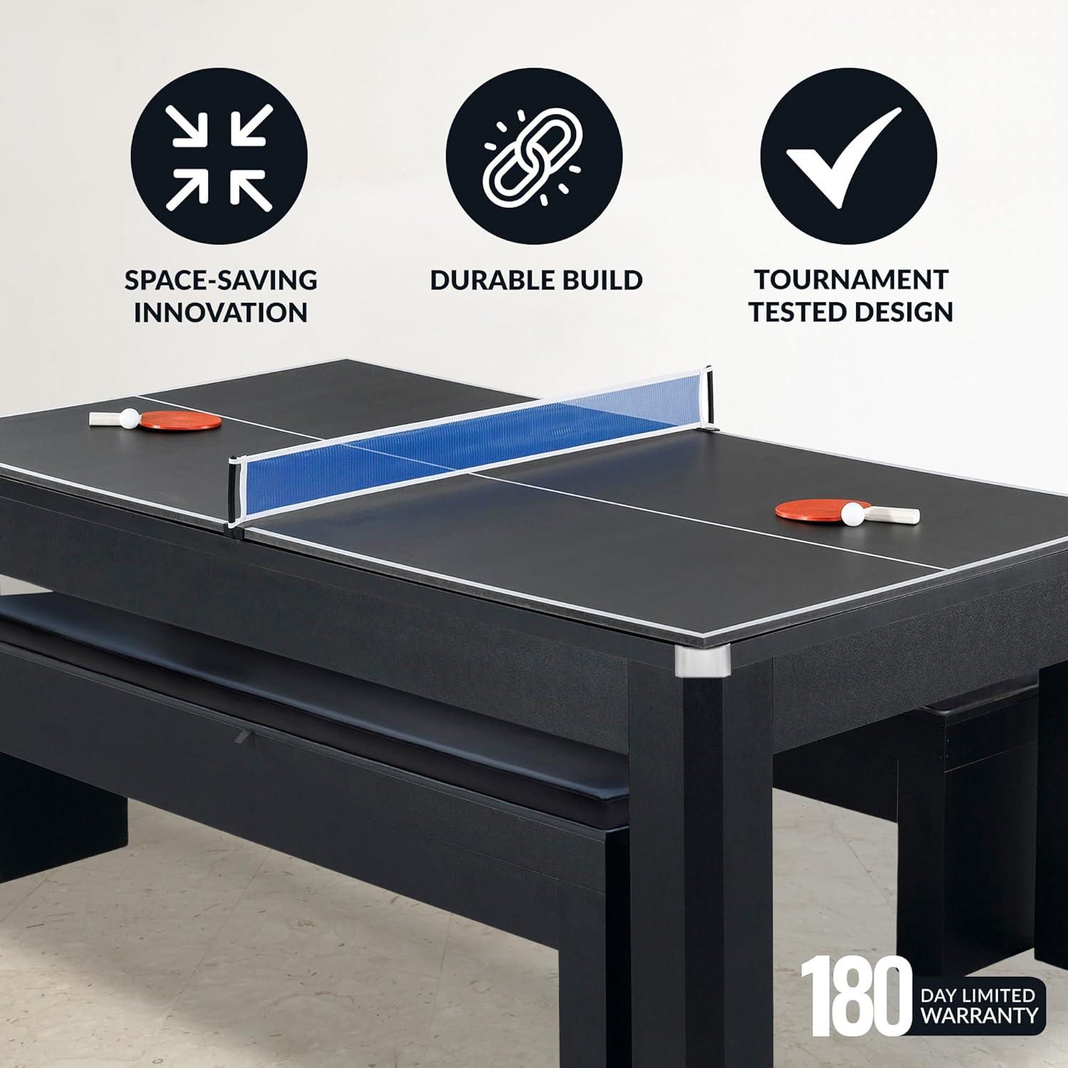 Hathaway Newport Stylish 7 Ft Multi Game Pool Table Combo with Dining Top and Ping Pong – Includes Benches for Home Storage and Accessories