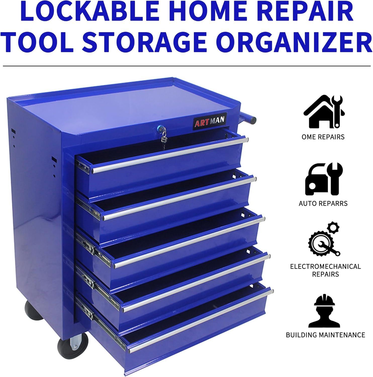 5 Large Drawers Tool Cart on Wheels,Rolling Tool Chest Tool Storage,Drawers Rolling Tool Trolley Organizer Tool Case for Garage, Warehouse, Workshop, Repair Shop (5 Large Drawers-29.3" H-Blue)