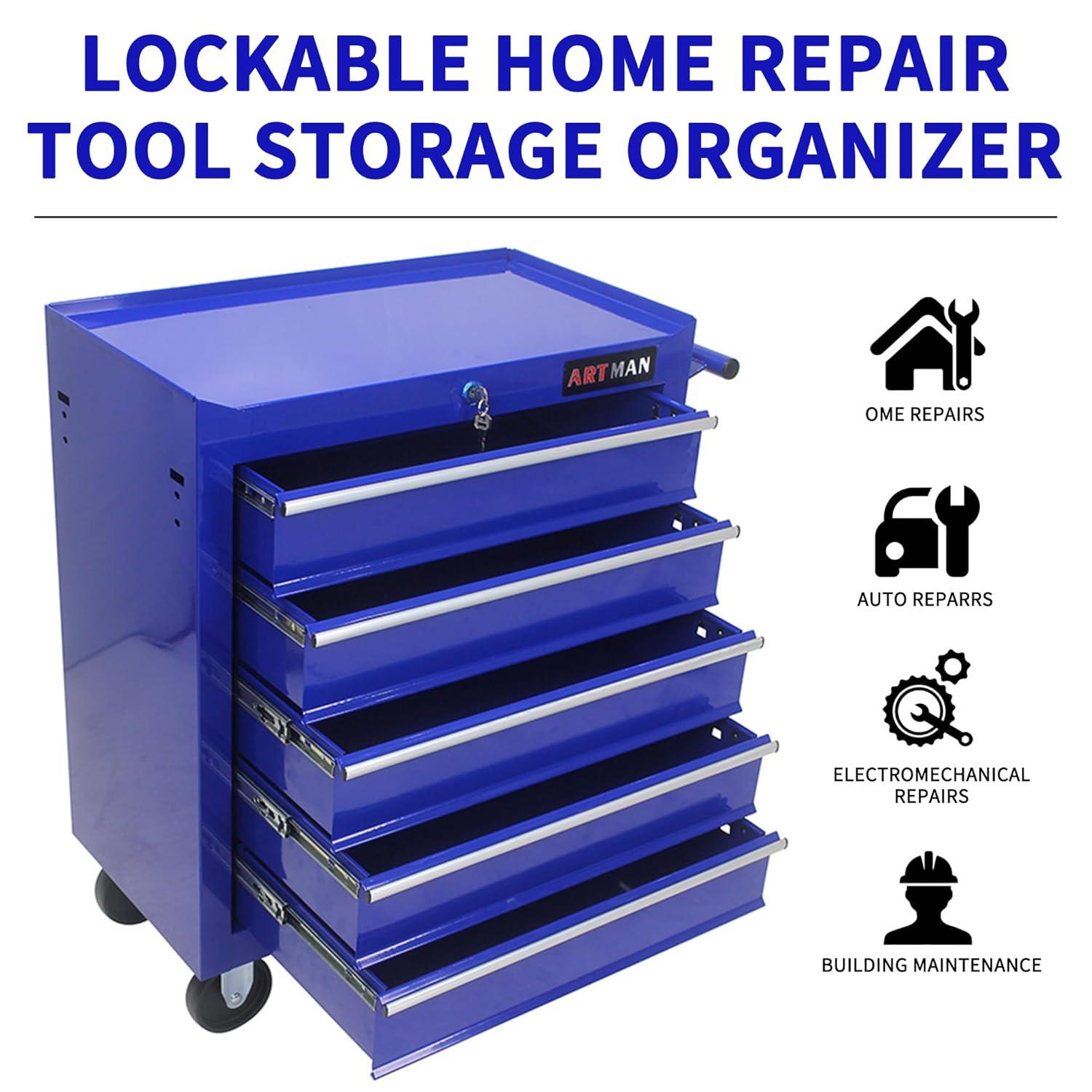 5 Large Drawers Tool Cart on Wheels,Rolling Tool Chest Tool Storage,Drawers Rolling Tool Trolley Organizer Tool Case for Garage, Warehouse, Workshop, Repair Shop (5 Large Drawers-29.3" H-Blue)