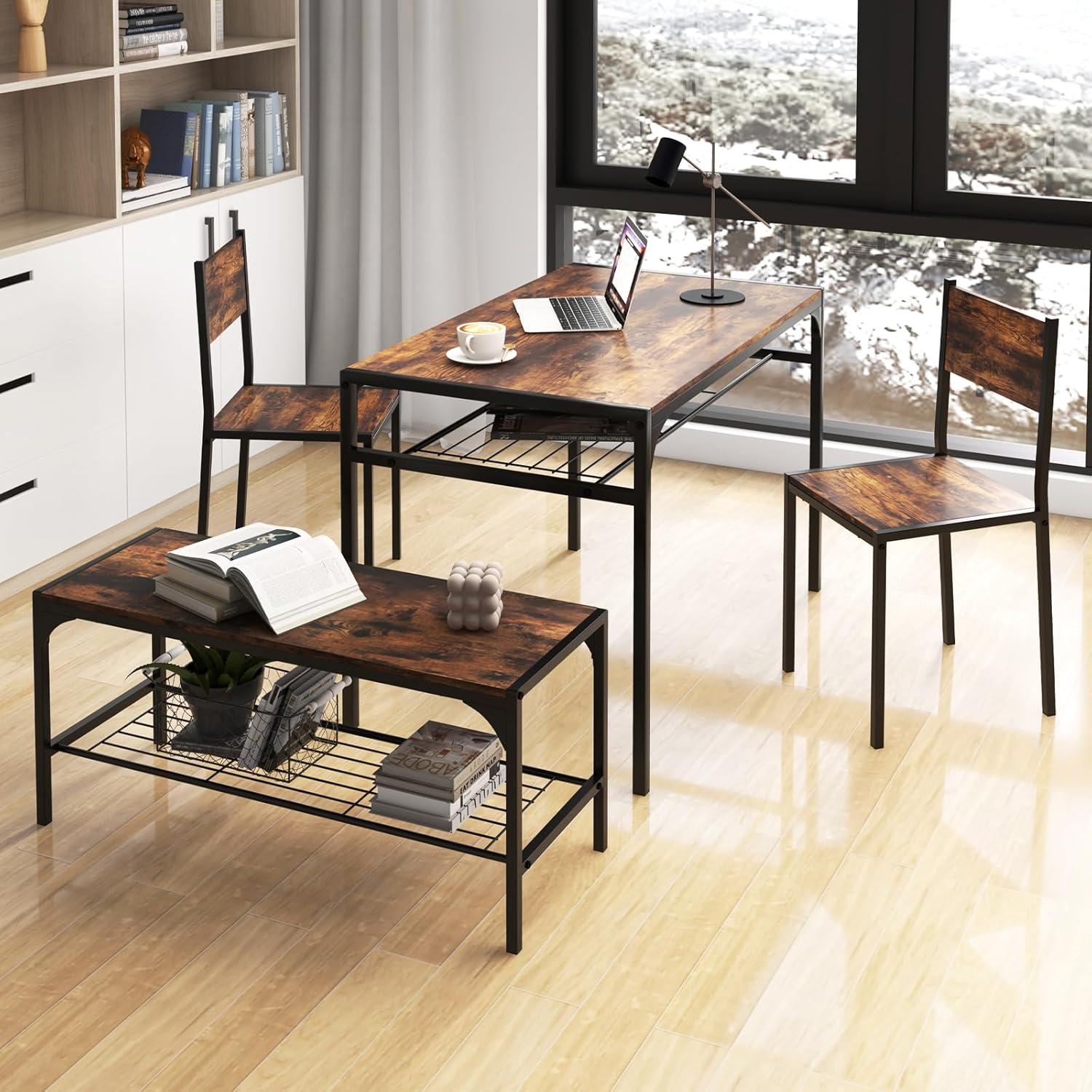 Costway Dining Table Set for 4 Rectangular Table with 2 Chairs, 1 Bench, Storage Racks Rustic Brown/Grey