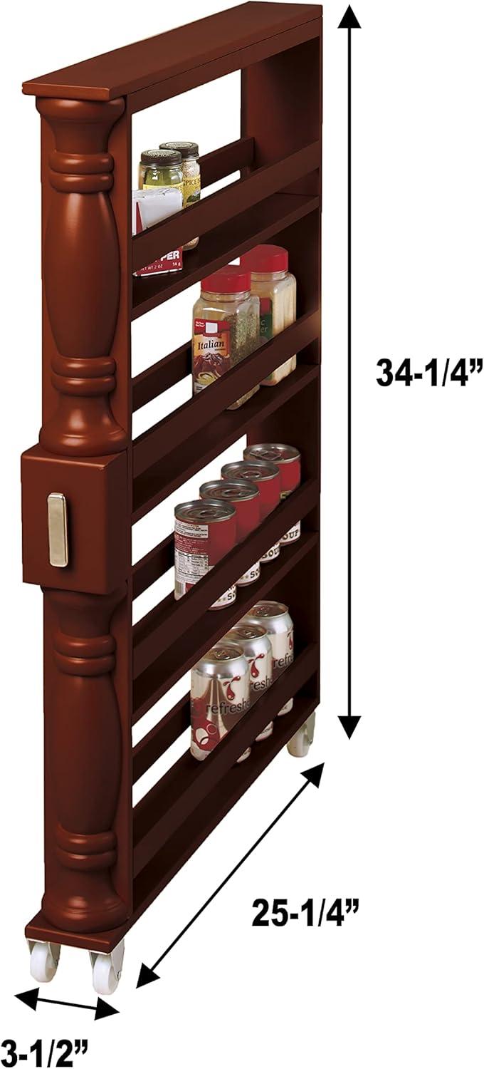 Wooden Can Organizer & Spice Rack - Slim Rolling Kitchen Cart - Natural Brown
