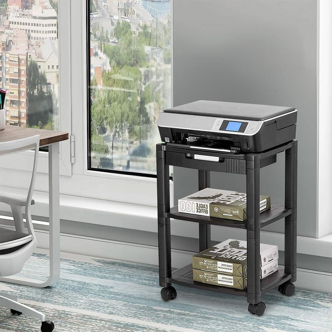 Black Rolling Printer Cart with Storage and Cable Management