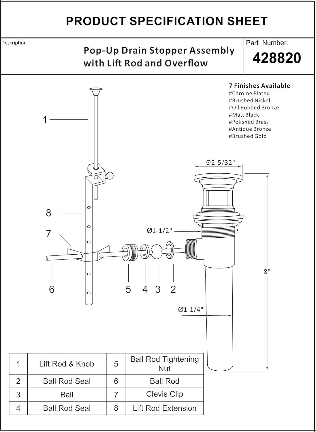 Artiwell Sink Pop-Up Drain Stopper Assembly with Lift Rod and Overflow, Solid Brass Lavatory Pop Up Drain Assembly for Bathroom Vanity Sink, All Brass Construction (Chrome Plated)