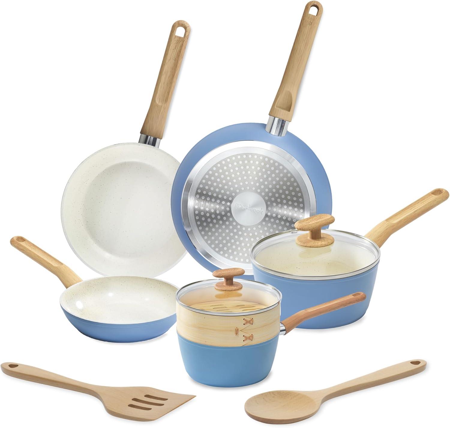 Light Blue 10-Piece Ceramic Nonstick Cookware Set with Wood Handles