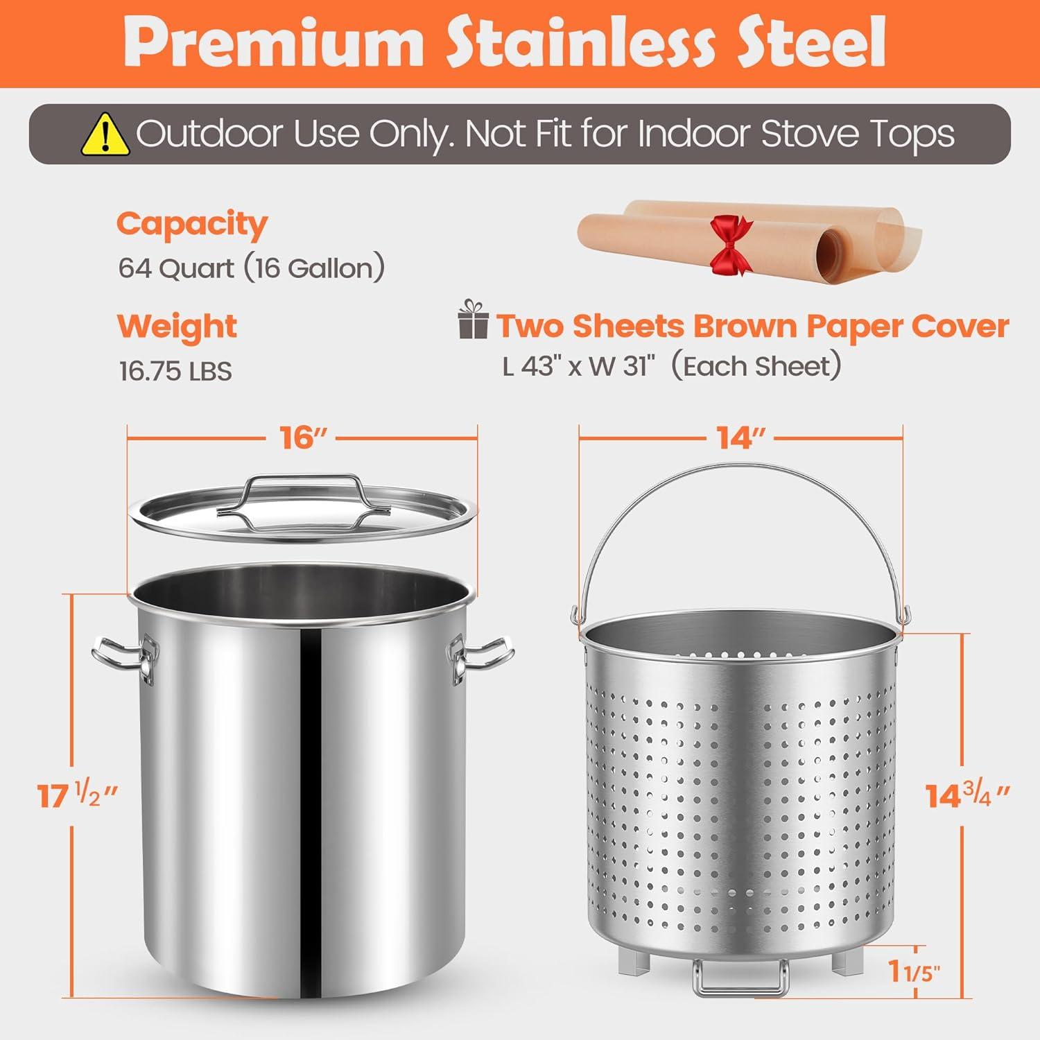 ARC 64QT-16 Gallon Professional Stainless Steel Stock Pot with Lid Turkey Fryer Backyard Pot Crawfish Pot with Strainer Basket