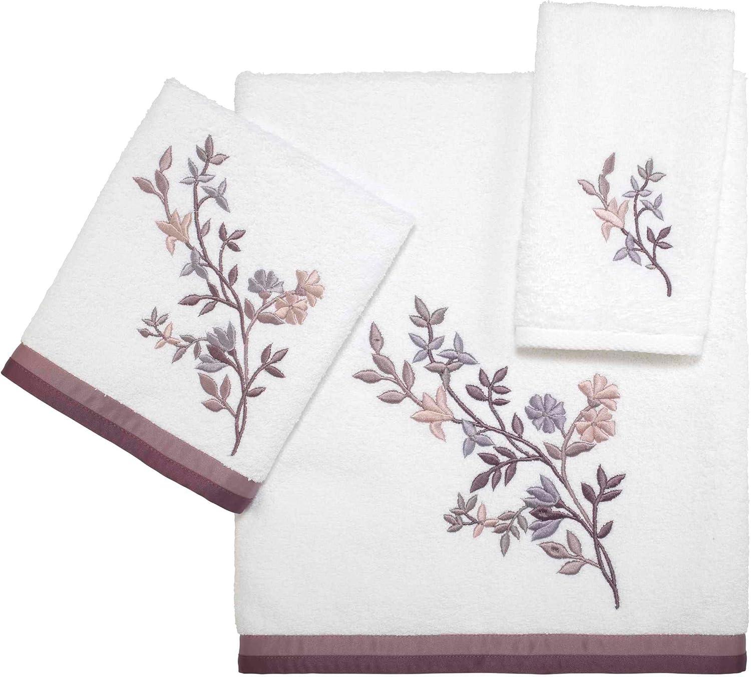 White Cotton Hand Towel with Purple Floral Embroidery