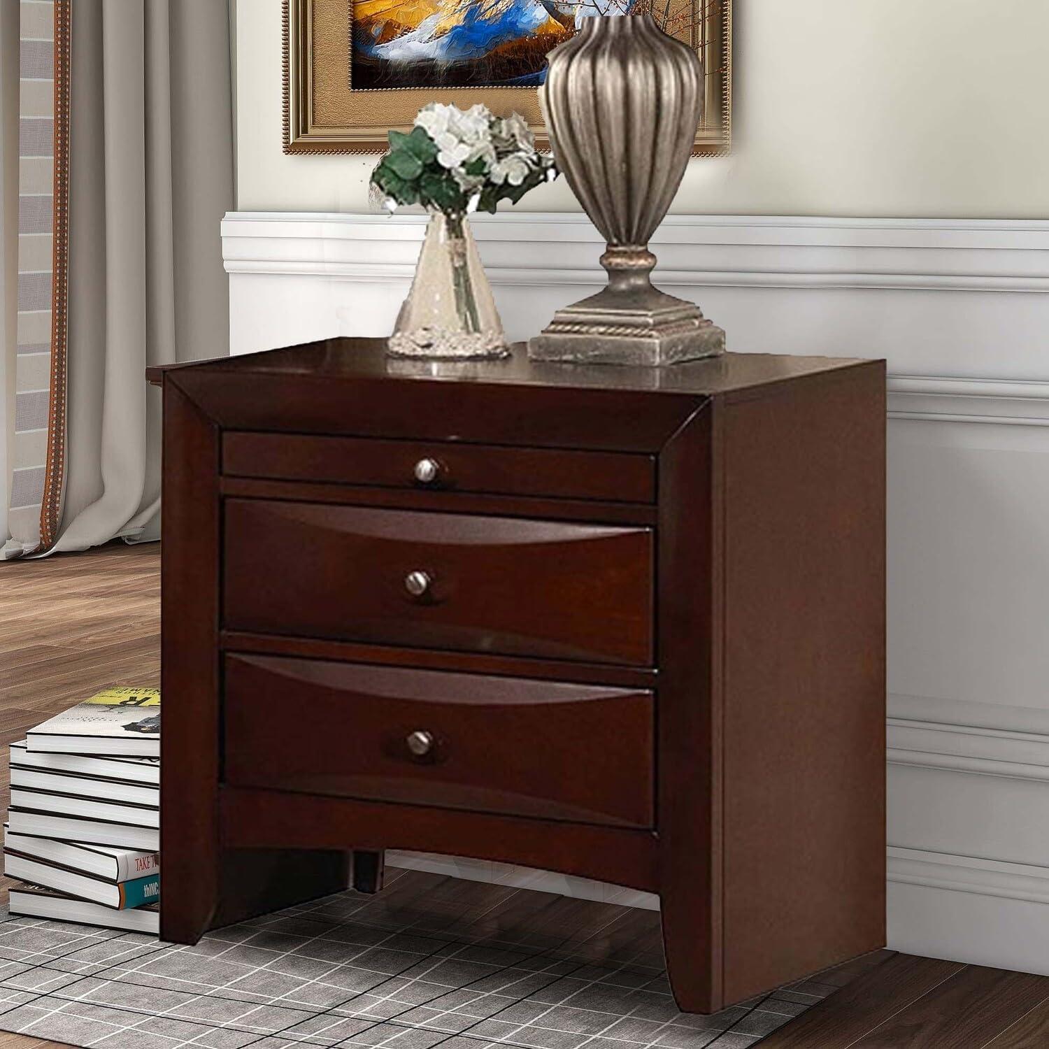 Contemporary Style Wooden Nightstand with Three Drawers & Metal Knobs, Brown - 25.39 x 16.81 x 25.63 in.