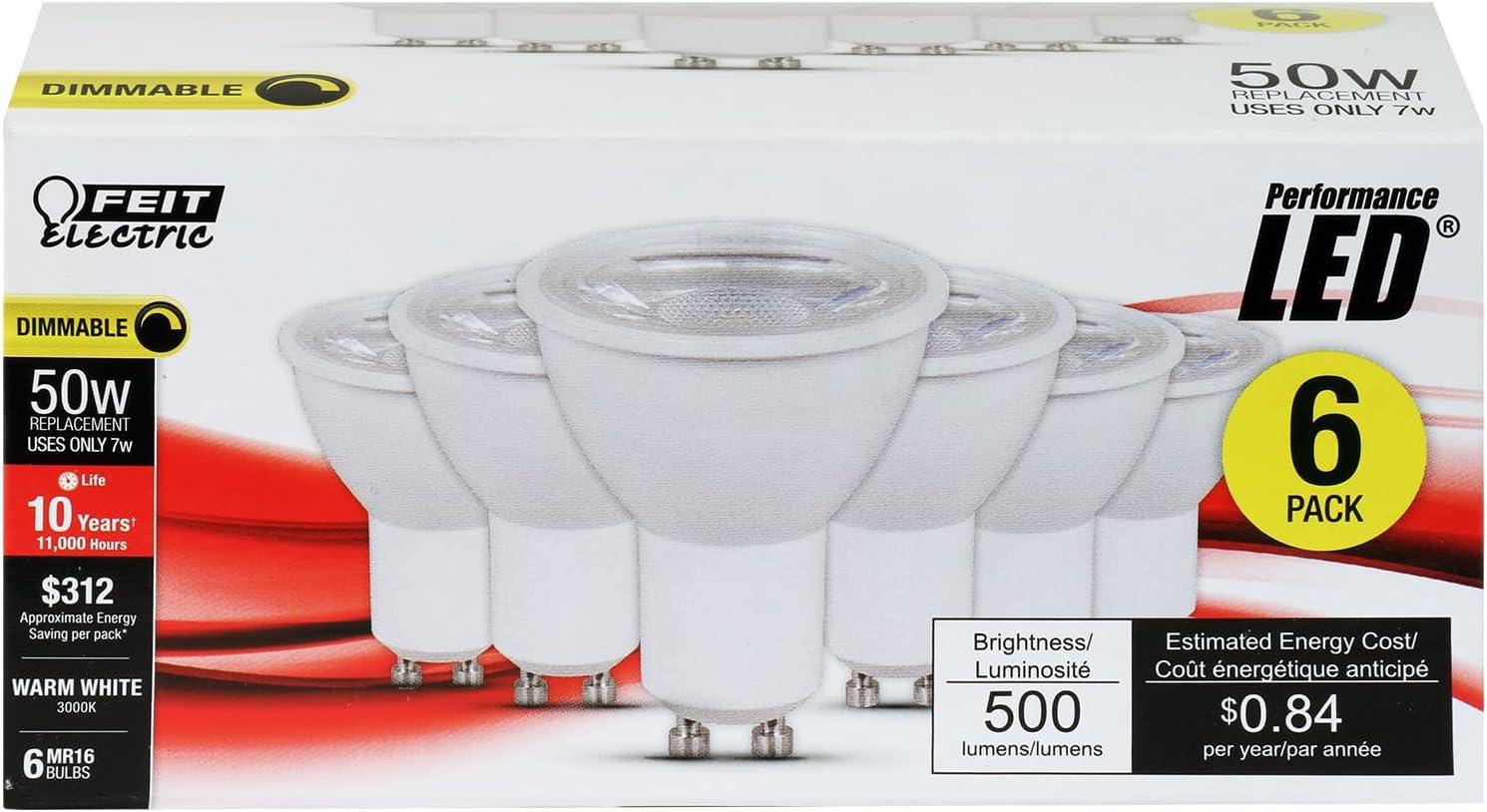 FEIT MR16GU10500/10KLED/6 500 Lumens 3000K MR16 Dimmable LED (6-Pack)