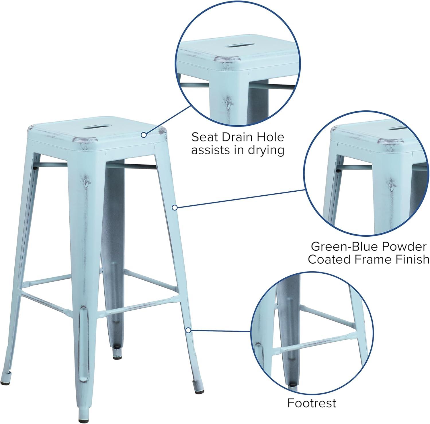 Flash Furniture Commercial Grade 30" High Backless Distressed Green-Blue Metal Indoor-Outdoor Barstool