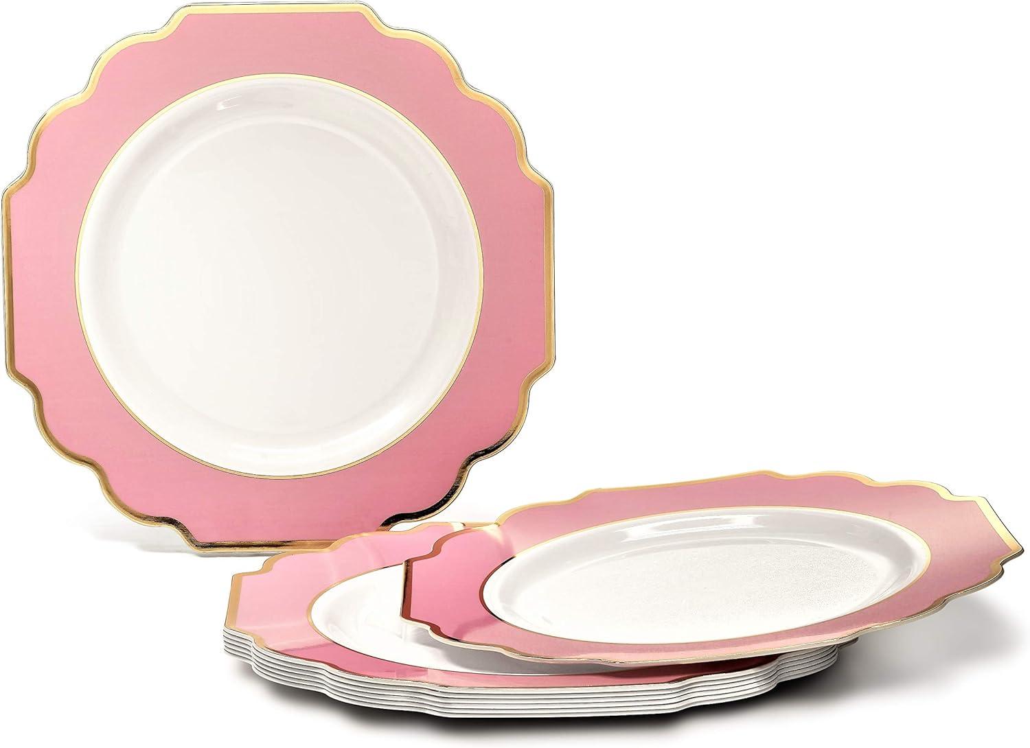 " OCCASIONS " 200 Piece set (25 Guests)-Wedding Plastic Plates & cutlery -Disposable heavyweight Dinnerware 10.5'', 8'' + Silverware + Cups + Napkins (Imperial in Rose Pink & Gold)