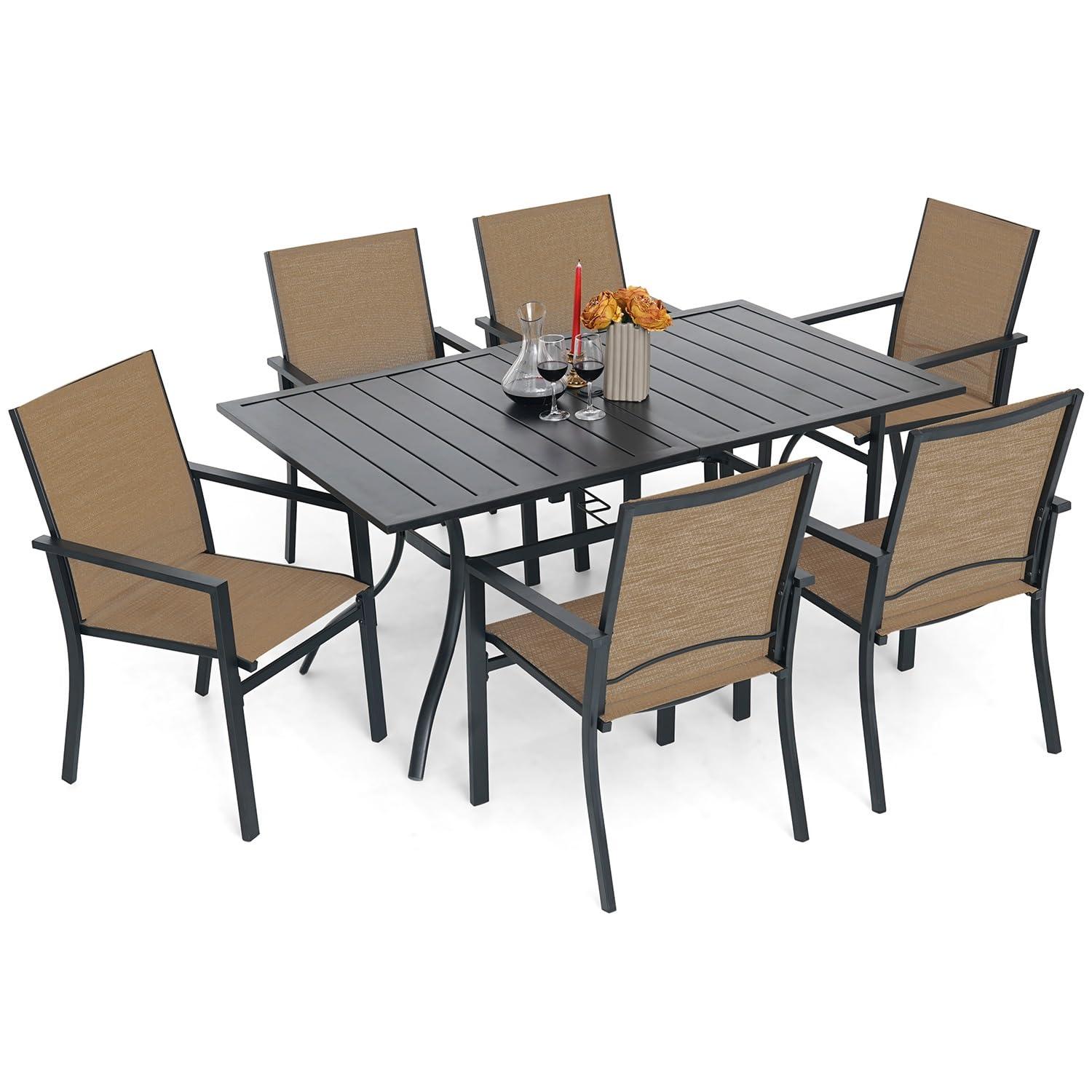 Homall Patio Dining Set 7 Pieces Outdoor Furniture with Large Table and 6 Textilene Chairs for Porch, Brown