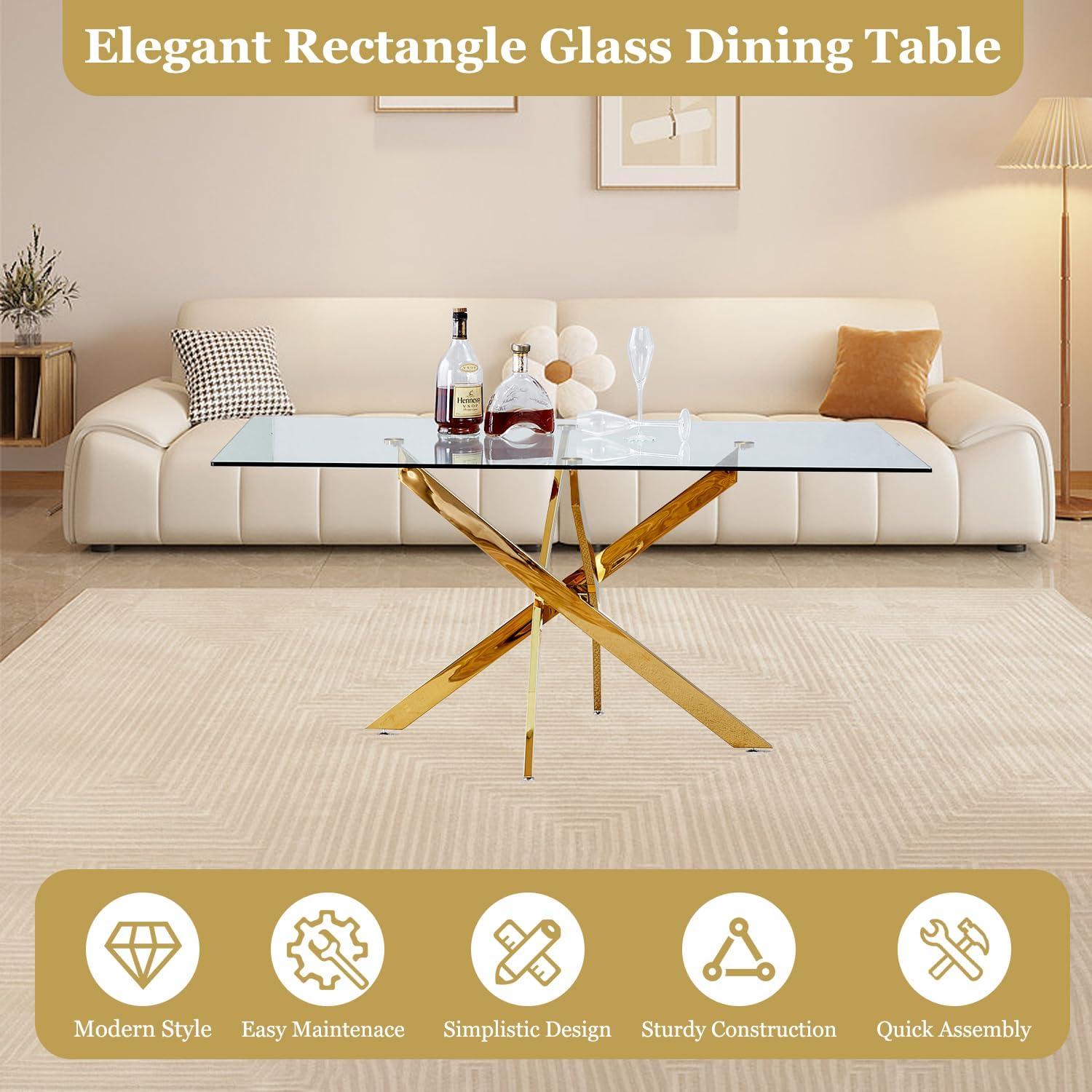 63'' Gold Glass Rectangular Dining Table with Metal Cross Legs