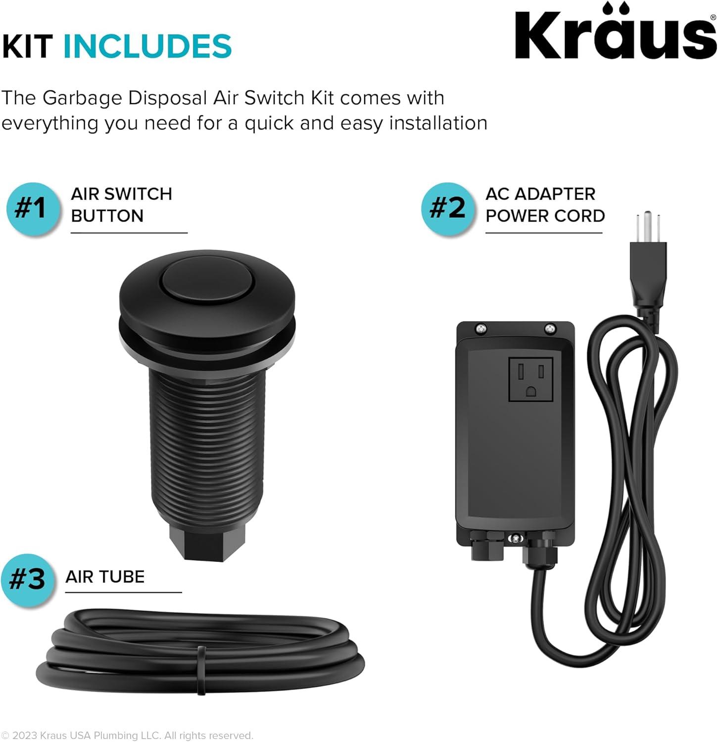 KRAUS Garbage Disposal Air Switch Kit with Push Button, AC Adapter, Power Cord, and Air Tube Included