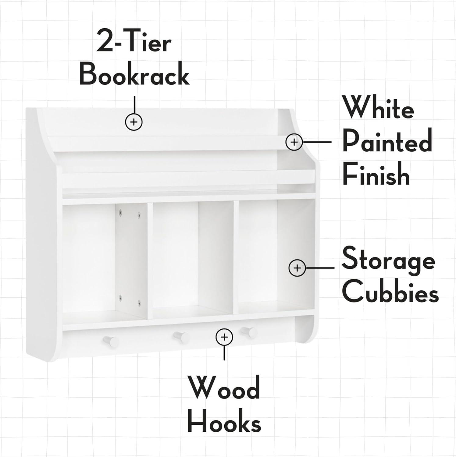 Book Nook Kids Wall Shelf with Cubbies and Bookrack - White