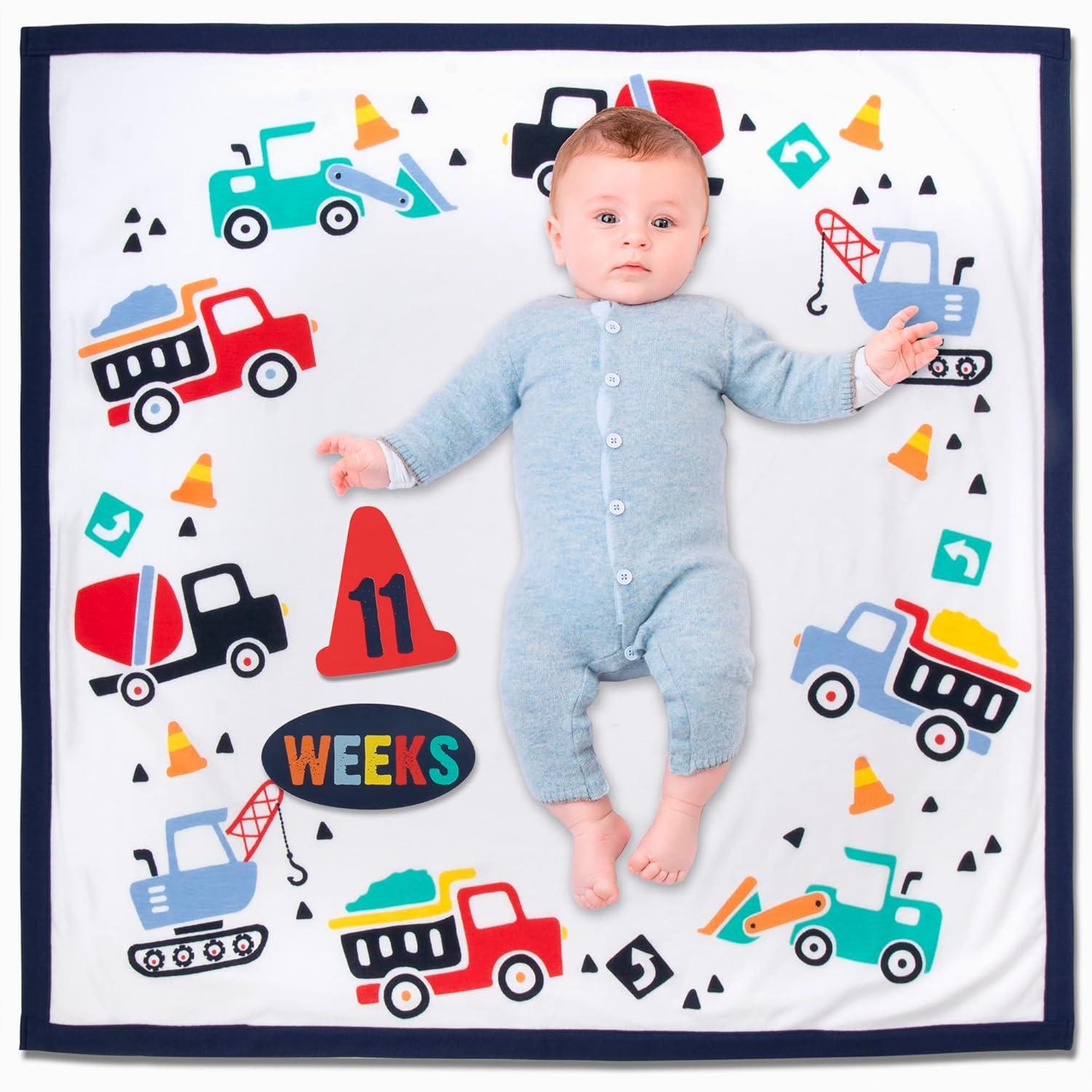 Baby Weekly, Monthly Milestone Blanket for Baby Boys and Girls with Month & Week Markers for Swaddling and Baby Photo Props (Baby Builder)