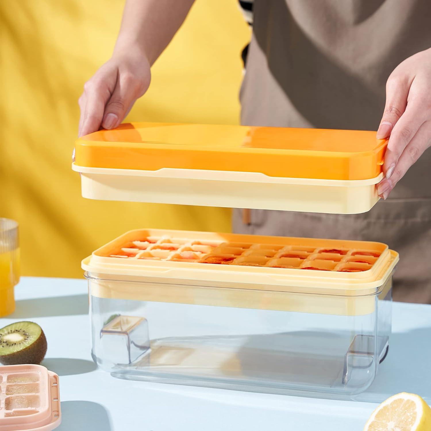 Ice Cube Tray with Lid and Bin, 64 pcs Ice Tray Kit with Ice Scoop, Ice Cube Pop Out Tray, Ice Cube Trays for Freezer, Ice Cube Molds, BPA Free, Easy Release Stackble Spill-Resistant (Orange)