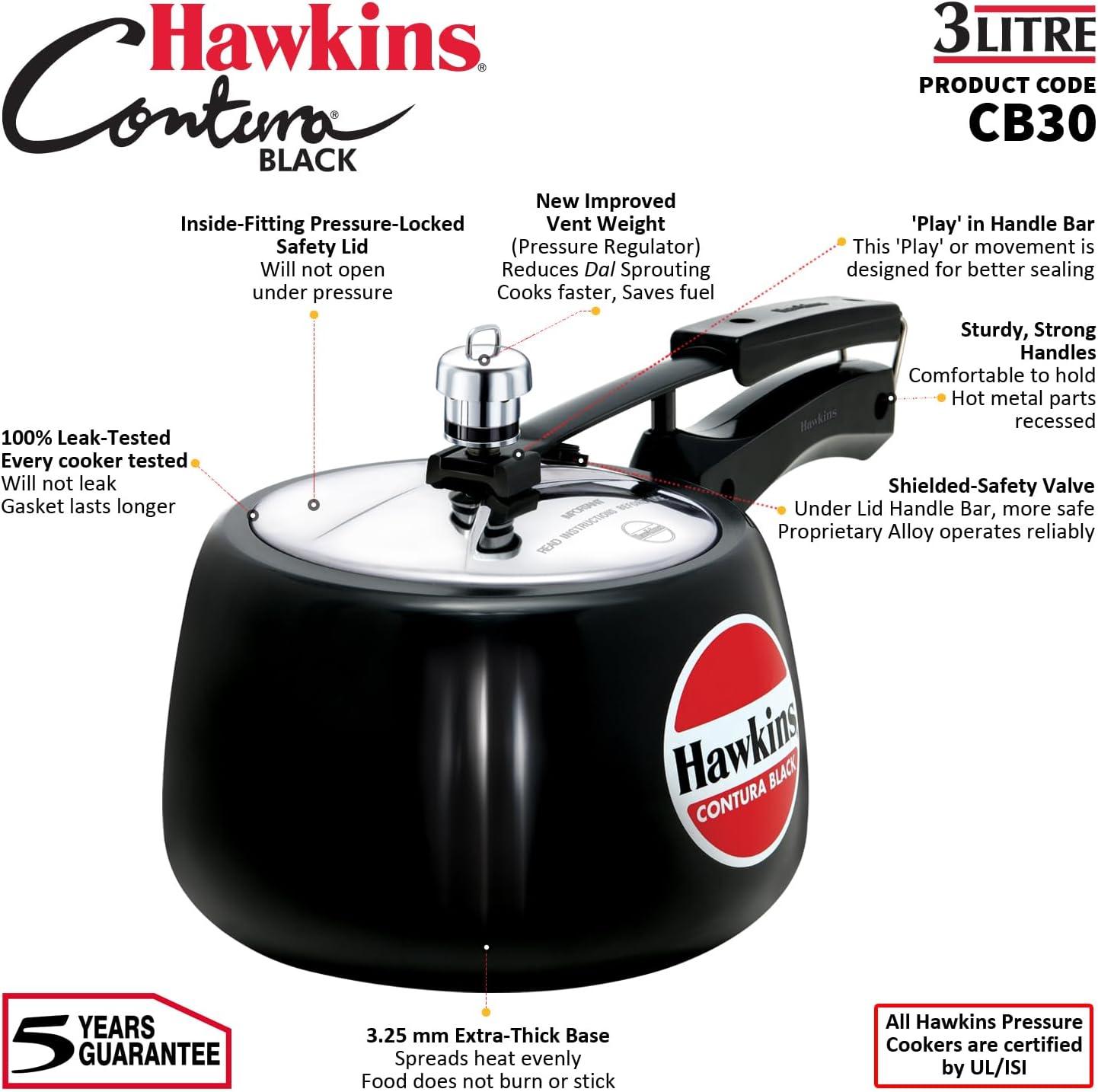 Hawkins 3L Hard Anodized Pressure Cooker: Aluminum, Locking Lid, Cool Touch Handle, Hand Wash, Black
