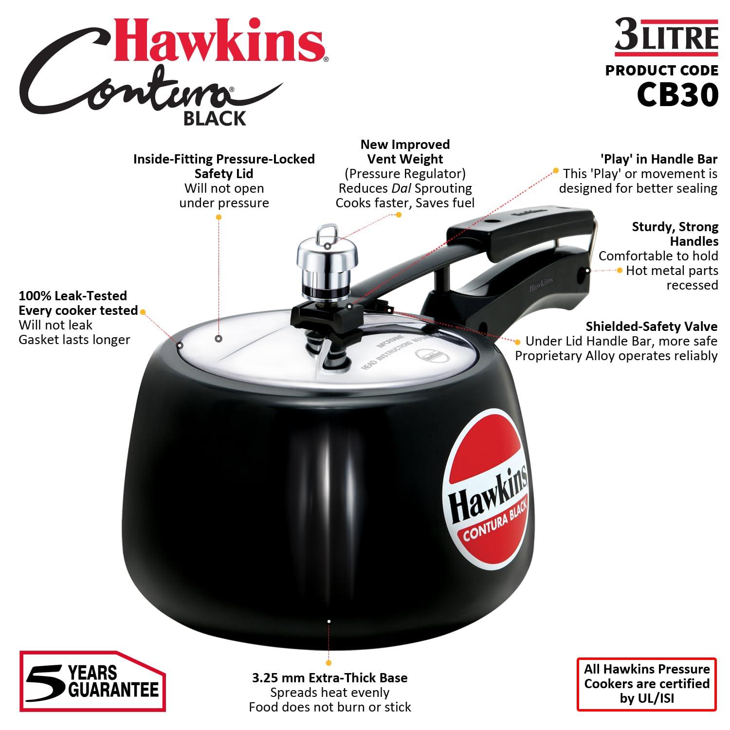 Hawkins 3L Hard Anodized Pressure Cooker: Aluminum, Locking Lid, Cool Touch Handle, Hand Wash, Black