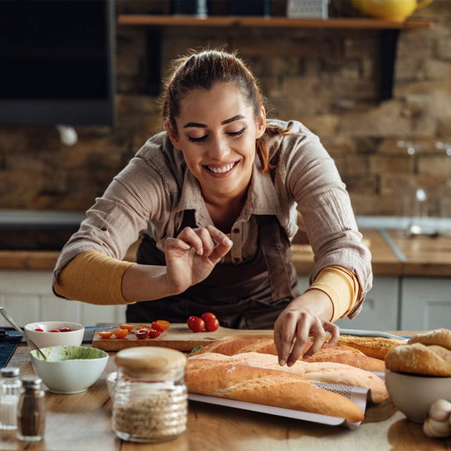 Baguette Pan, French Bread Pans For Baking Pan, Nonstick 3 Slots Perforated Italian Loaf Pan Mold Long French Bread Pan,Golden