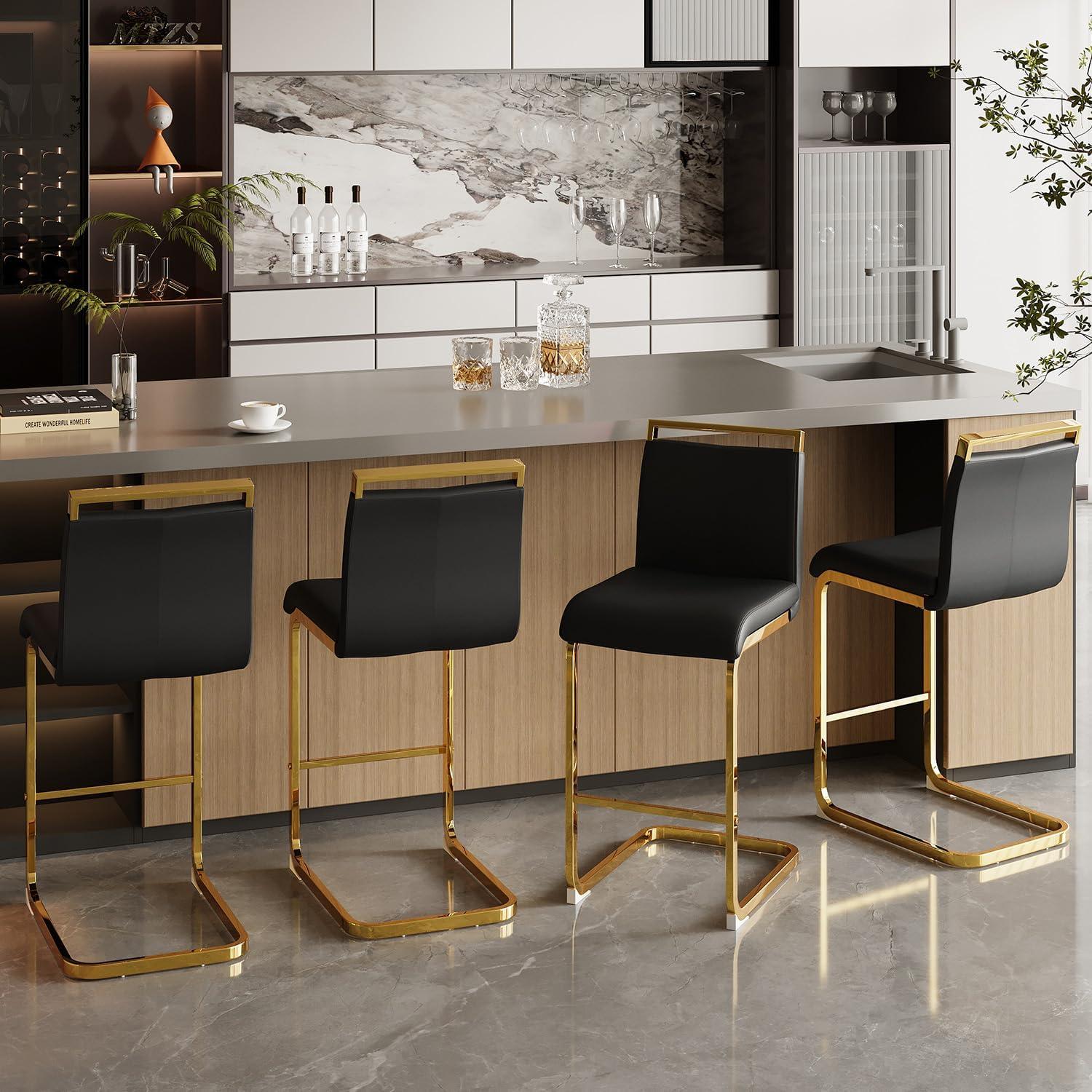 24" Black Faux Leather Backless Bar Stools with Gold Metal Base