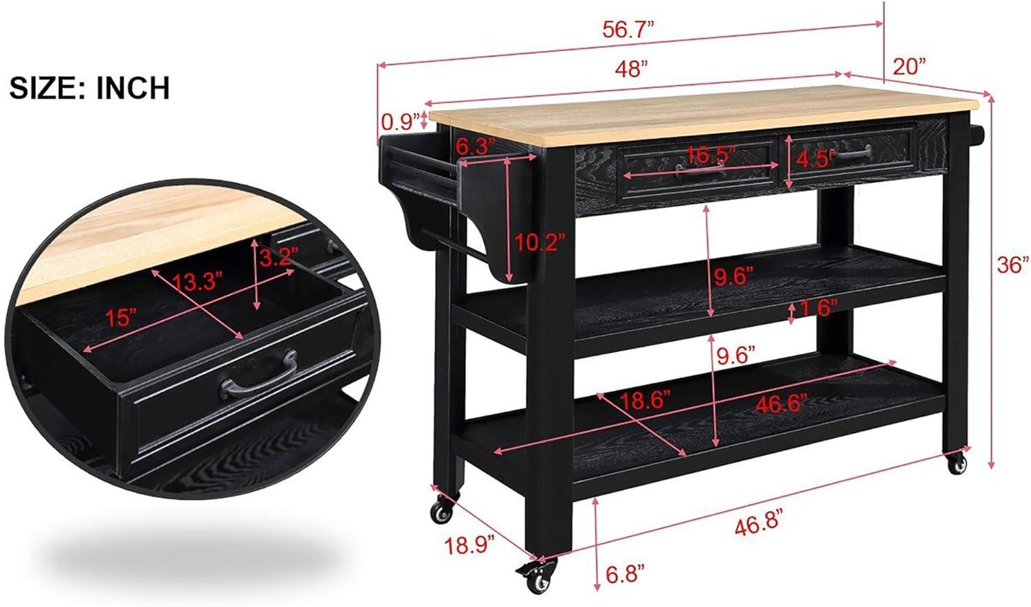 57 Inch Solid Wood Kitchen Island Cart,Solid Oak Wood Top Rolling Kitchen Cart with 2 Drawers,2 Storage Shelves,Wine and Spice Rack,Black