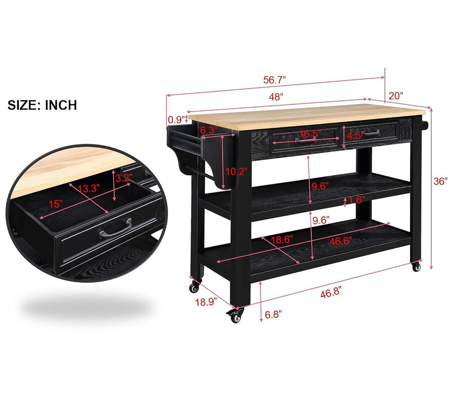 57 Inch Solid Wood Kitchen Island Cart,Solid Oak Wood Top Rolling Kitchen Cart with 2 Drawers,2 Storage Shelves,Wine and Spice Rack,Black