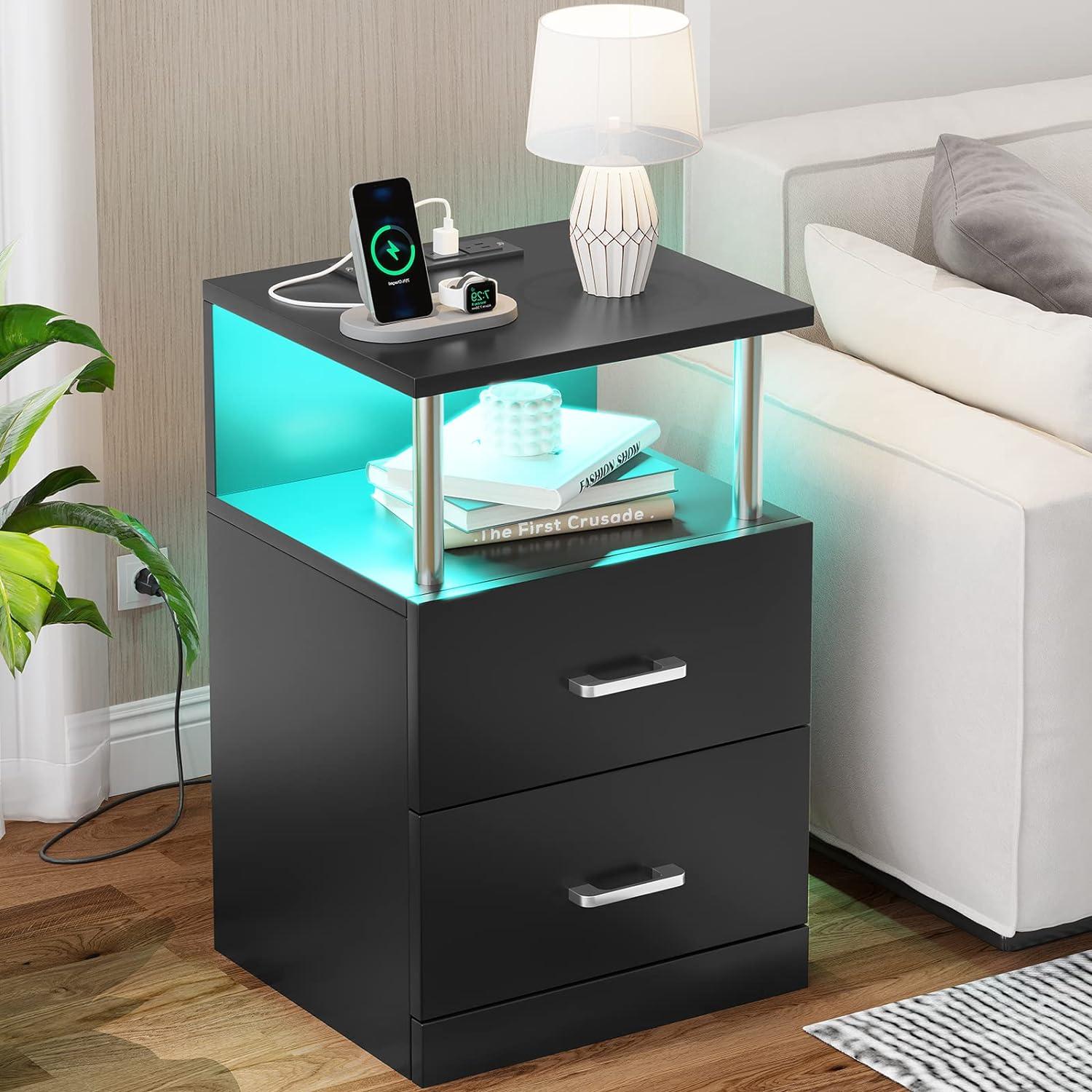 Black Nightstand with Charging Station and LED Lights for Bedroom, Bedside Table with 2 Drawers for Living Room, 2 USB Ports&2 Outlets