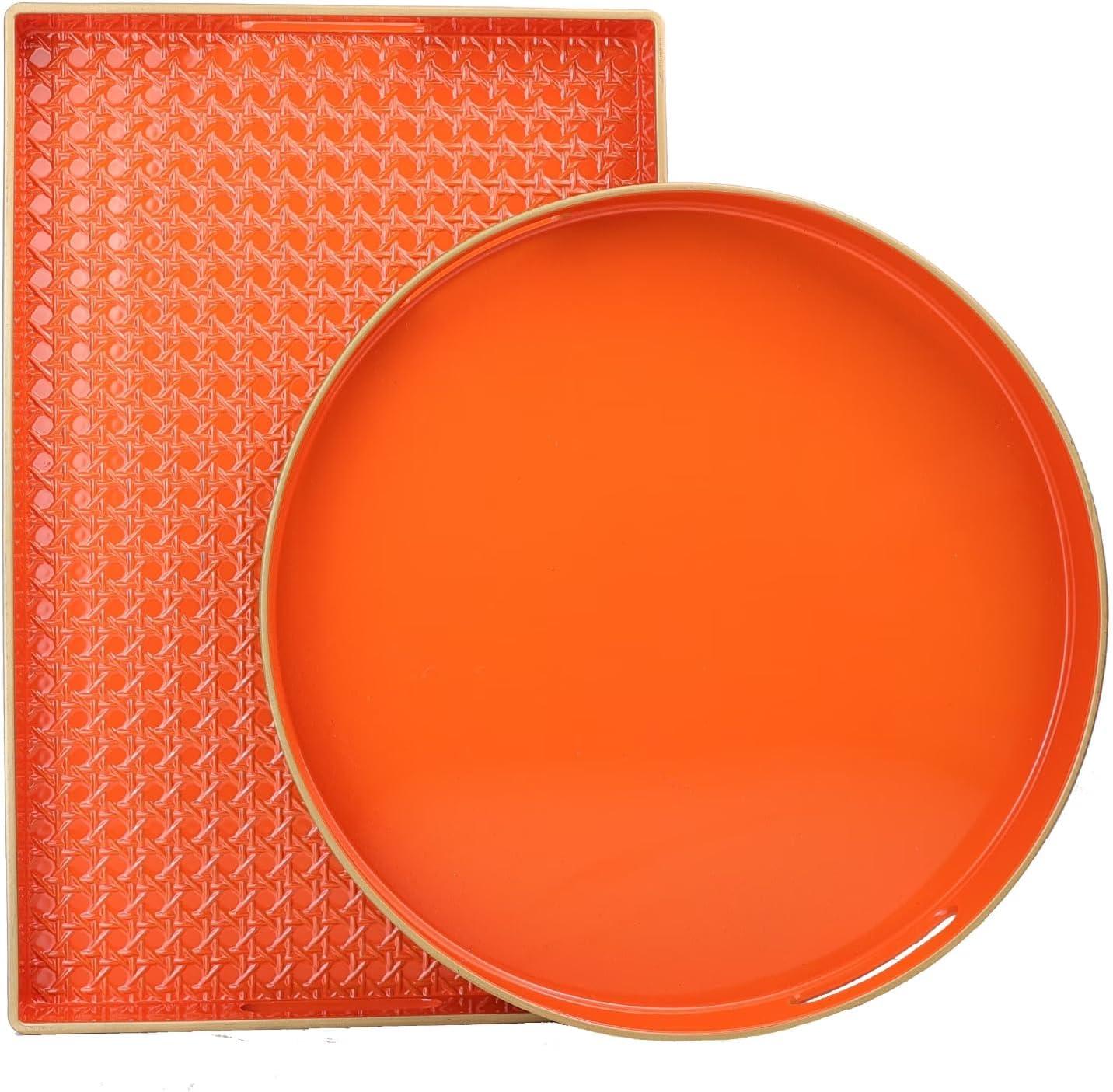 13" Orange Plastic Round Serving Tray with Handles